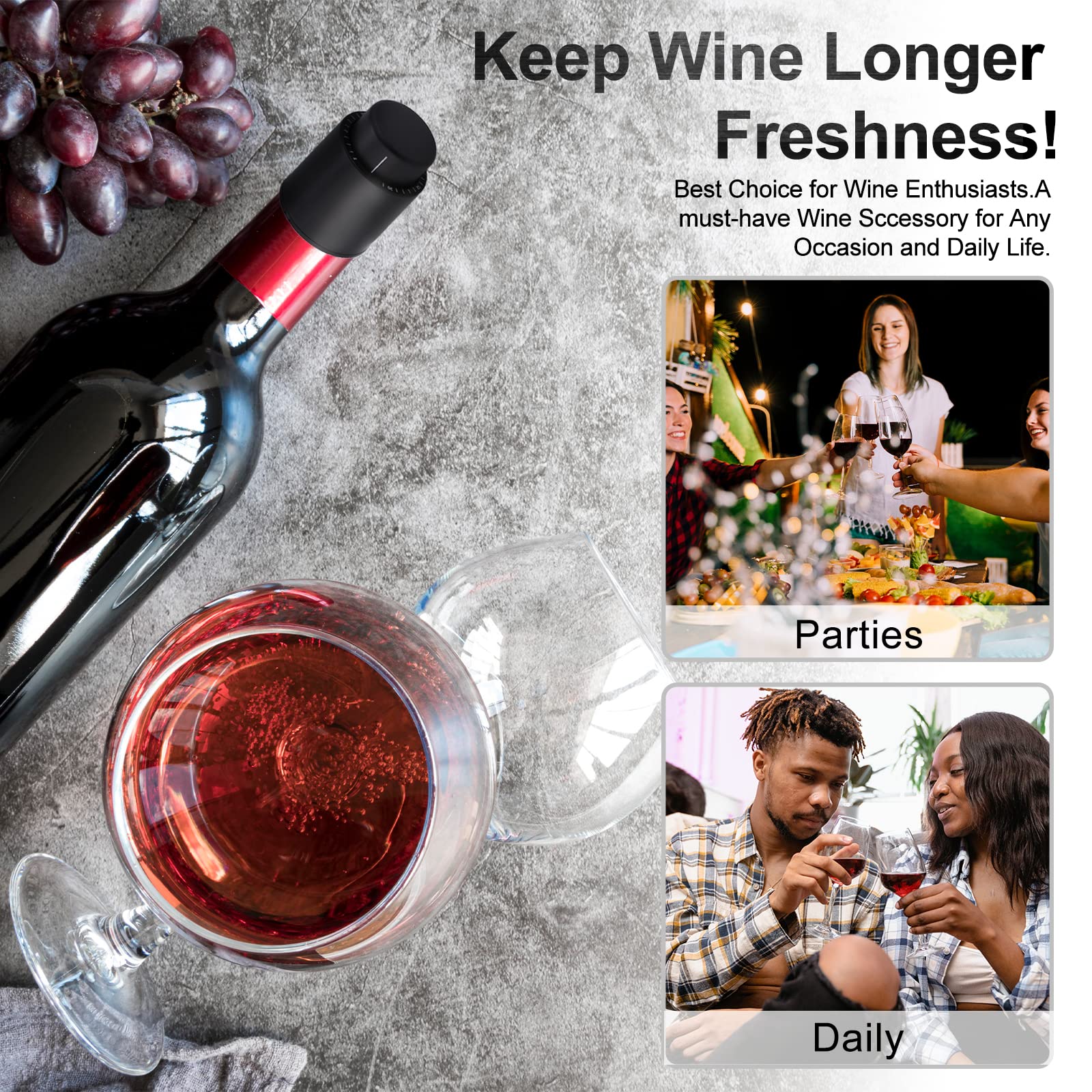 Premium Wine Vacuum Pump Stoppers - 6pcs Black Wine Saver Stoppers for Glass Bottles | Extend Wine Freshness | Perfect for Home Bars, Parties & Wine Storage