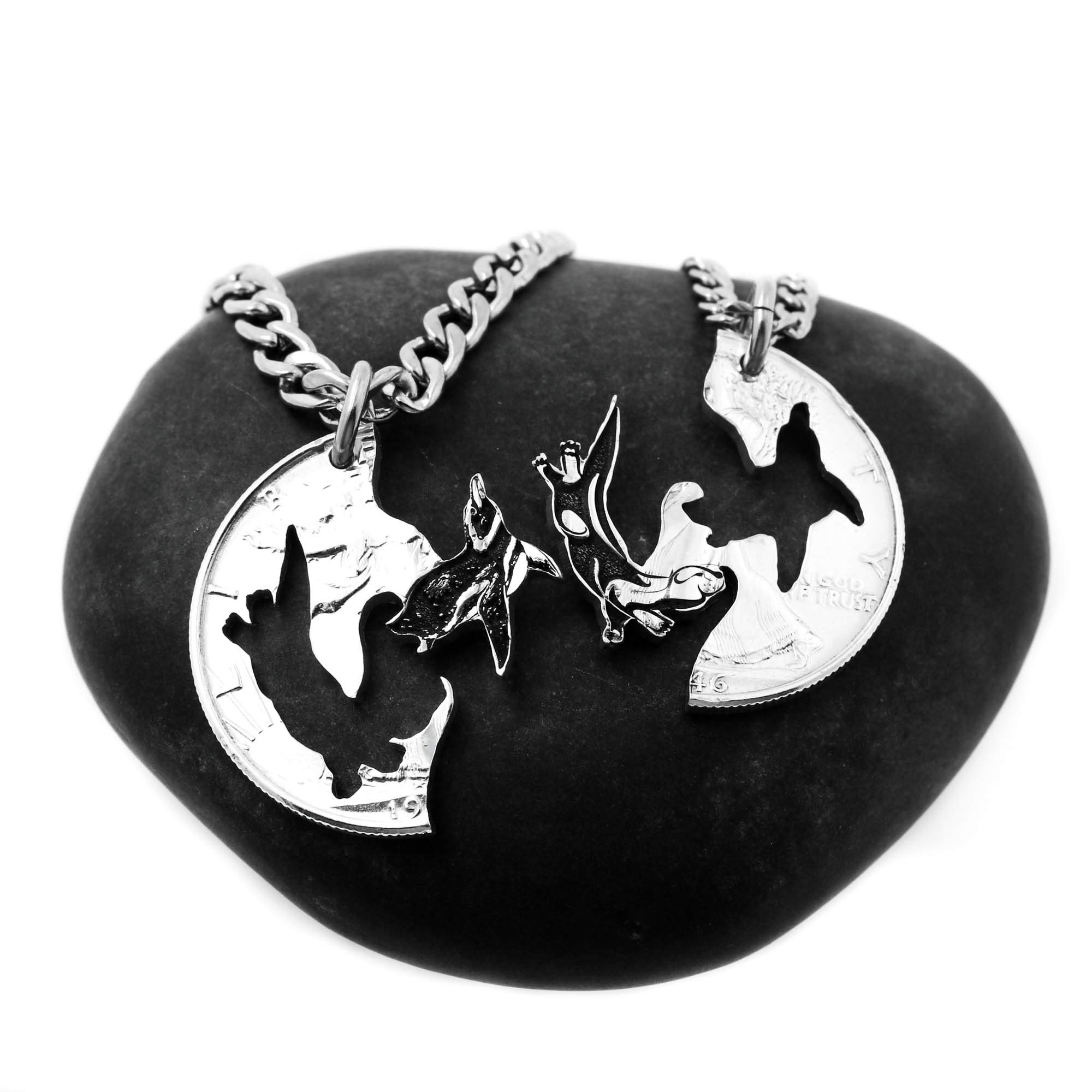 NameCoins Otter & Penguin Couples Necklace Set - Best Friend Matching Jewelry, Interlocking Animal Pendant with Hand-Cut Engraved Coin - Perfect Gift for Anniversaries, Valentine's Day & Friendship Gifts