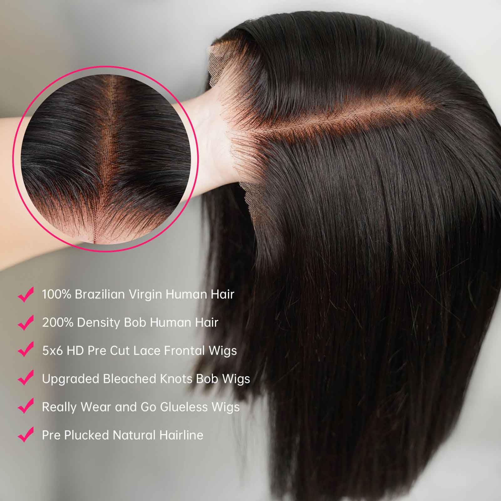 5x6 HD Lace Front Wig 10 Inch - 200% Brazilian Virgin Human Hair Glueless Bob Wig for Black Women | Bleached Knots, Pre-Plucked, Pre-Cut | Natural Black Color | Perfect for Daily Wear, Parties & Special Occasions