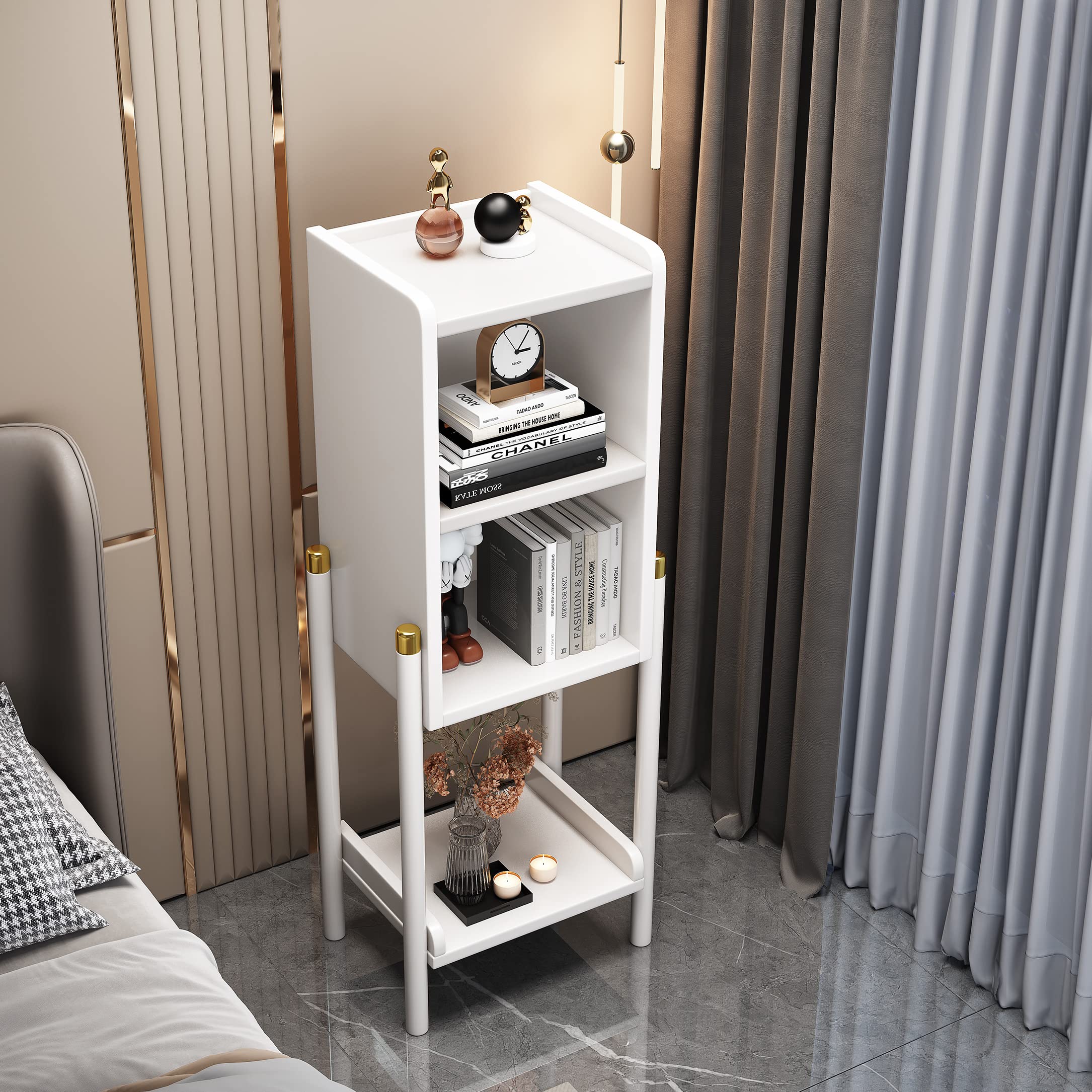 Modern Nightstand with Bookshelf - Rubber Wood End Table with Storage Shelf for Bedroom, Living Room, Office & Bathroom - White Bathroom Storage Rack (15.8