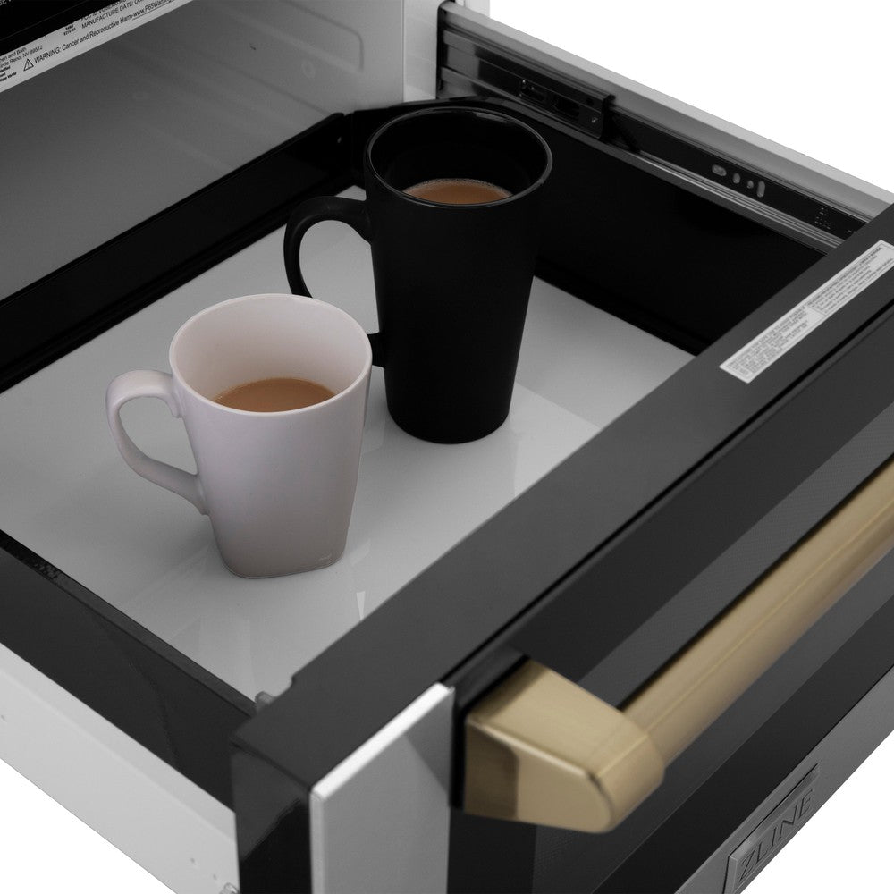 ZLINE Autograph Edition 24 Inch Built-In Microwave Drawer - 1.2 cu.ft Stainless Steel with Champagne Bronze Accents - Traditional Handle Design - Perfect for Modern Kitchens & Luxury Homes (MWDZ 1 H CB)