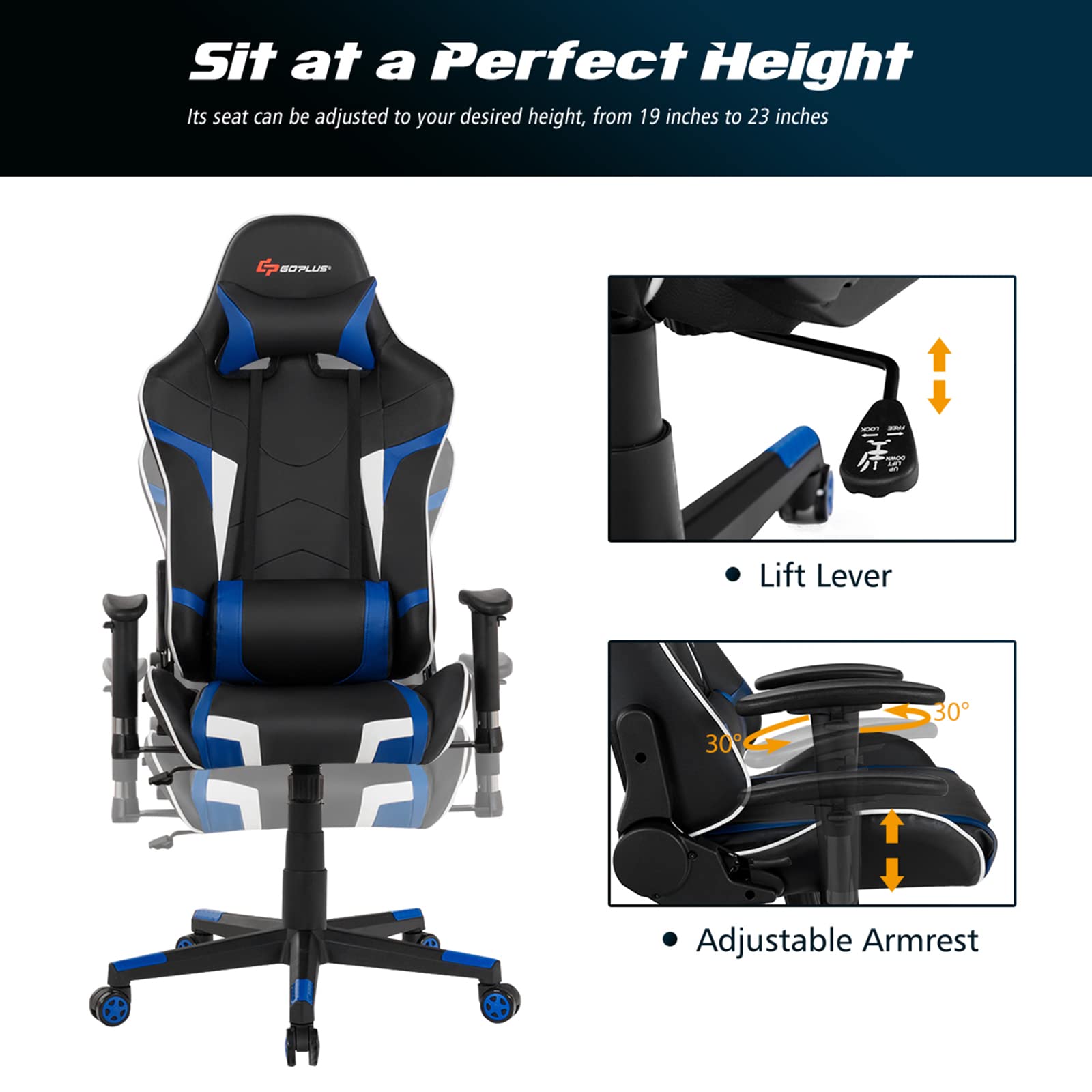 Goplus Ergonomic Gaming Chair - High Back PU Leather Office Chair with Adjustable Arms, Headrest & Massage Function for Computer, Racing & Executive Use - Perfect for Home Office, Gaming Setup & Workstation