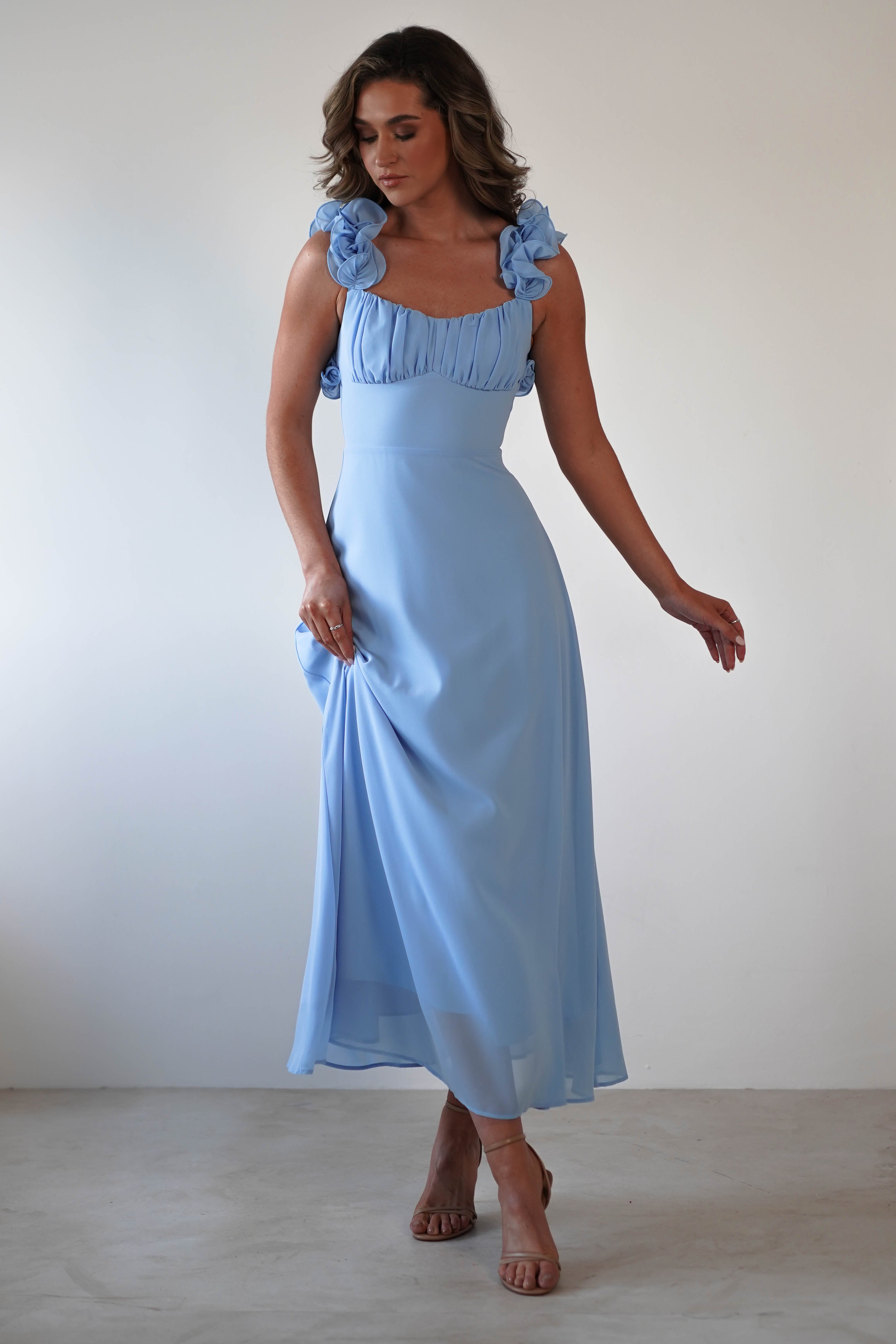 Sadie Ruffle Sleeve Maxi Dress for Women - Flowy Long Summer Dress with Ruffled Sleeves in Navy Blue | Perfect for Beach Vacation, Wedding Guest & Boho Fashion