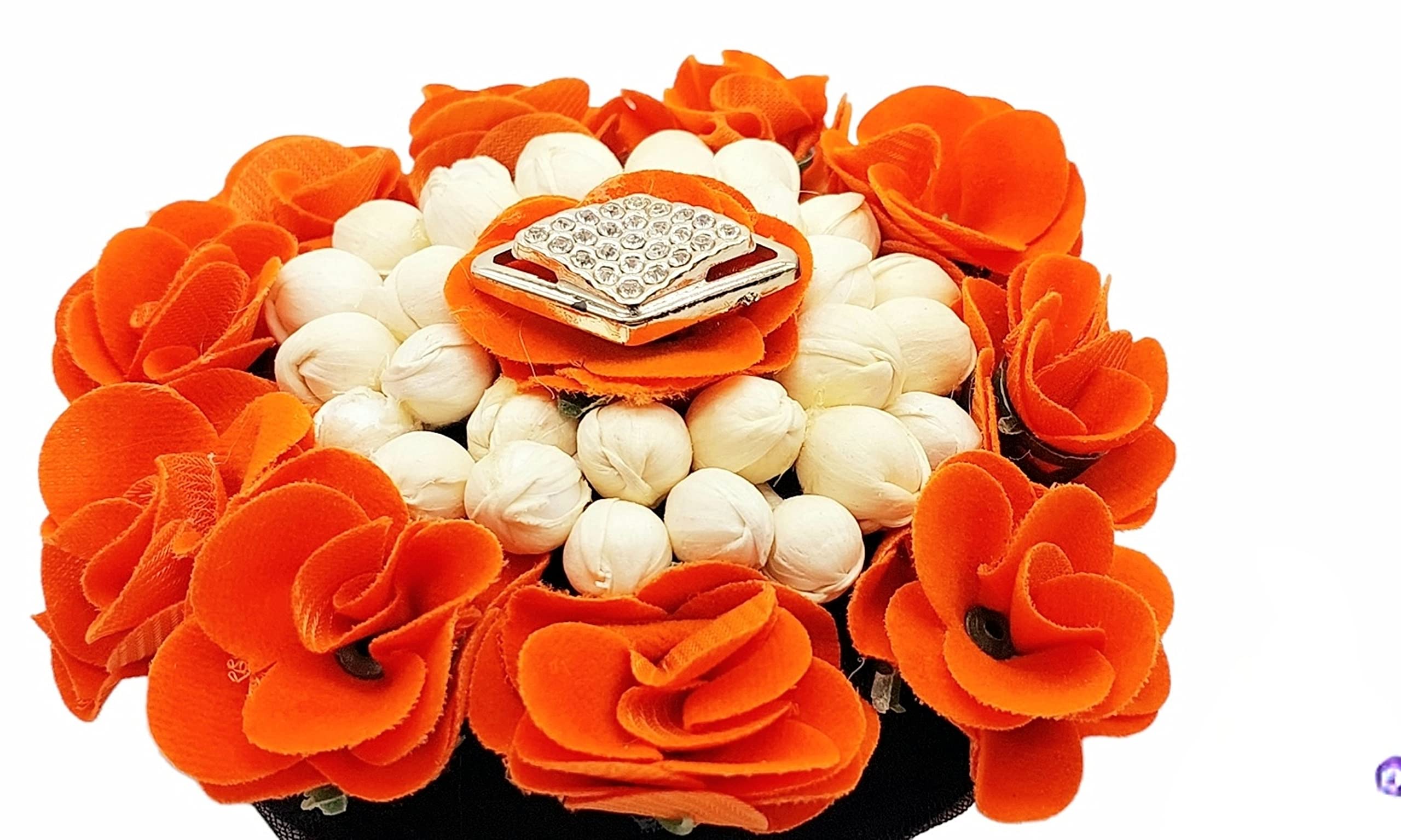 Orange & White Artificial Flower Gajra Hair Accessories - Full Bun Juda Maker with Rubber Band for Women & Girls - Perfect for Weddings, Parties & Festivals