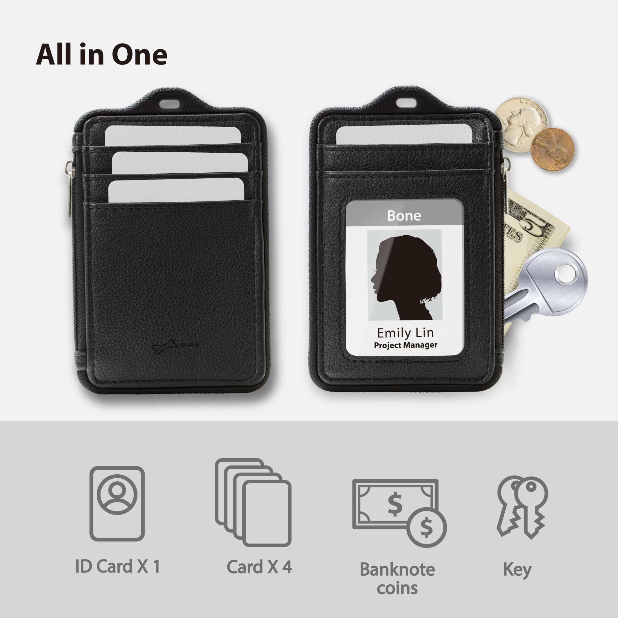 Genuine Leather ID Badge Holder with Zipper & Card Slots - for Office, School & Keys