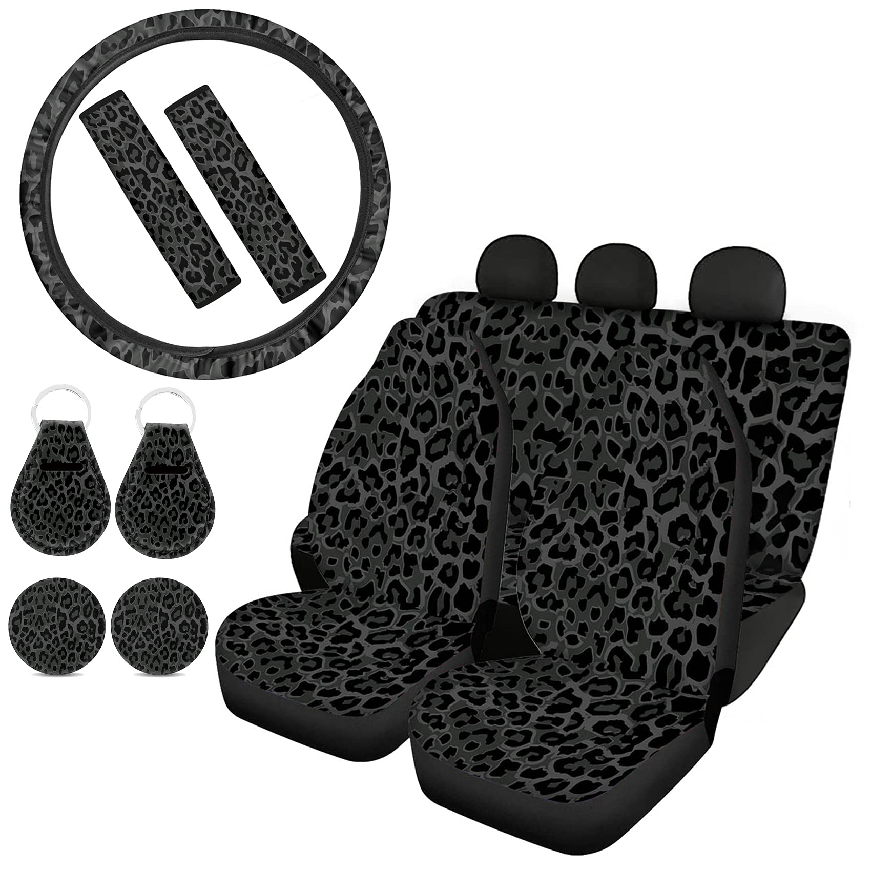POLERO Black Leopard Print 11-Piece Car Accessories Set - Universal Auto Seat Covers, Steering Wheel Cover, Seatbelt Pads, Car Coasters & Key Holder | Stylish Protection for Sedans, SUVs & Trucks
