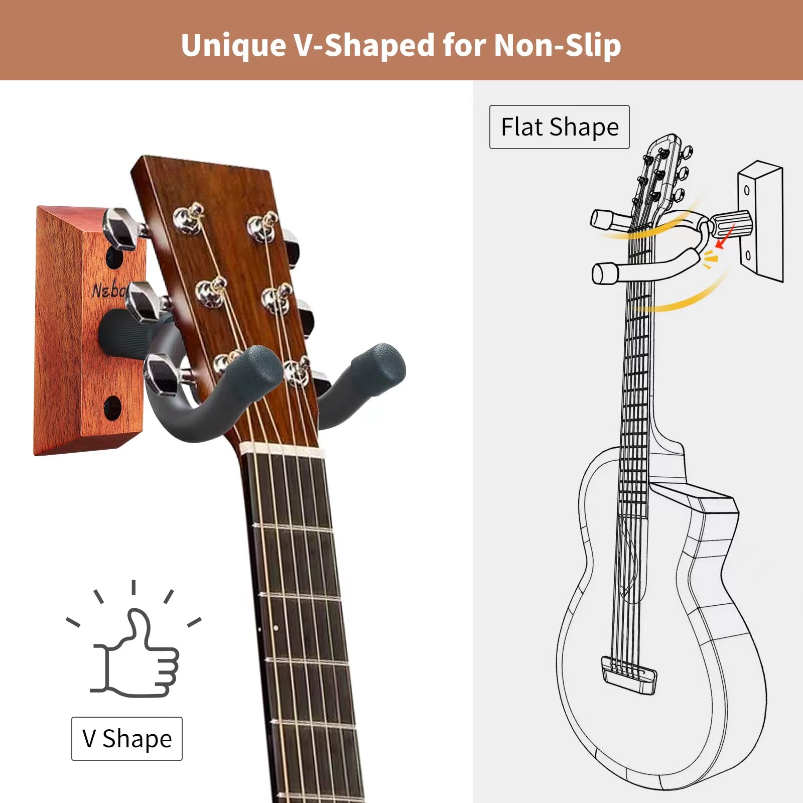 3 Pack Wooden Guitar Wall Mount Hangers - Heavy Duty Hooks for Acoustic, Electric, Bass, Ukulele, Banjo, Mandolin - Perfect for Home, Studio & Music Room Organization