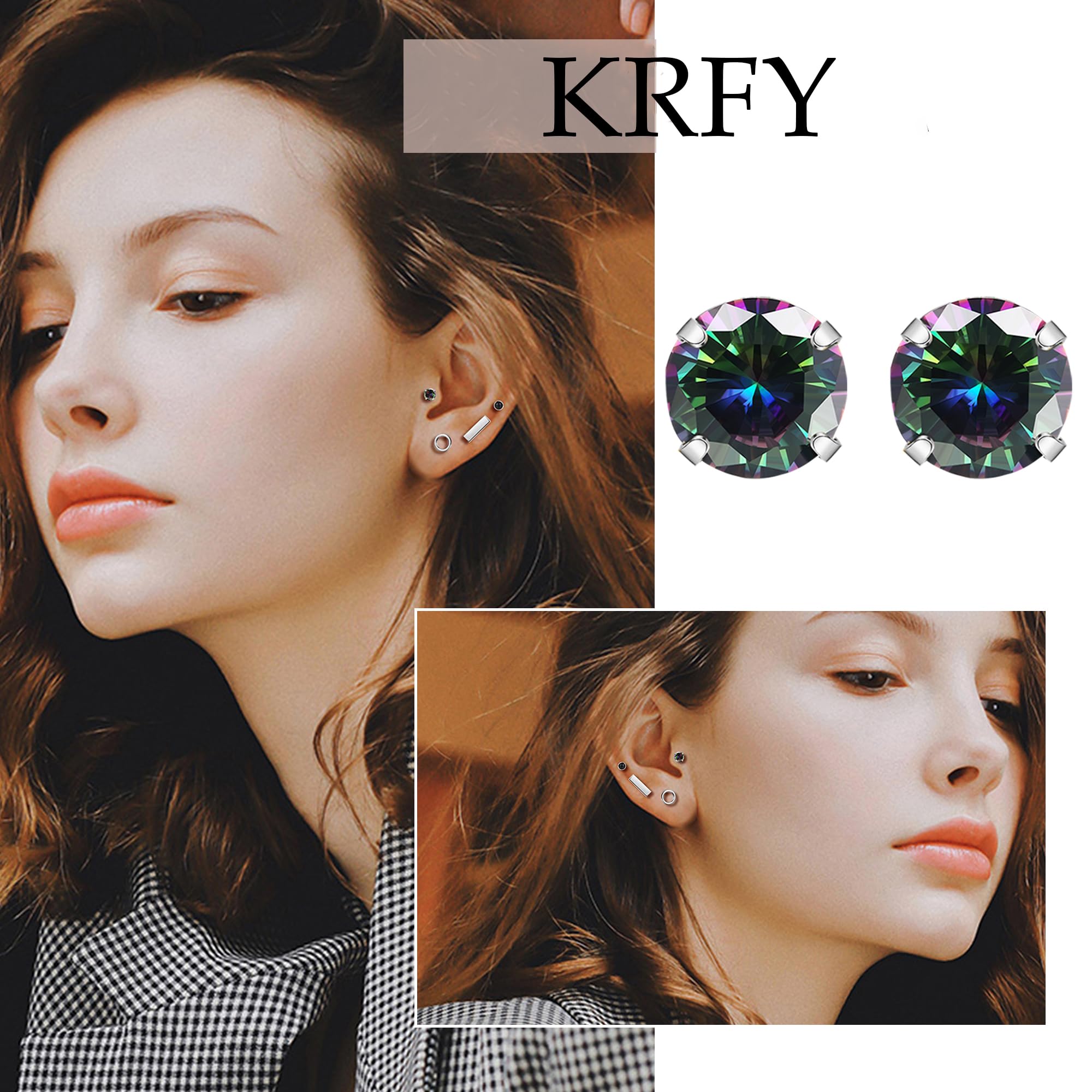 KRFY 24 Pairs Stainless Steel Stud Earrings for Women & Girls - Small Silver Flatback Cubic Zirconia Geometric Studs Set | Perfect for Everyday Wear, Gifts & Special Occasions
