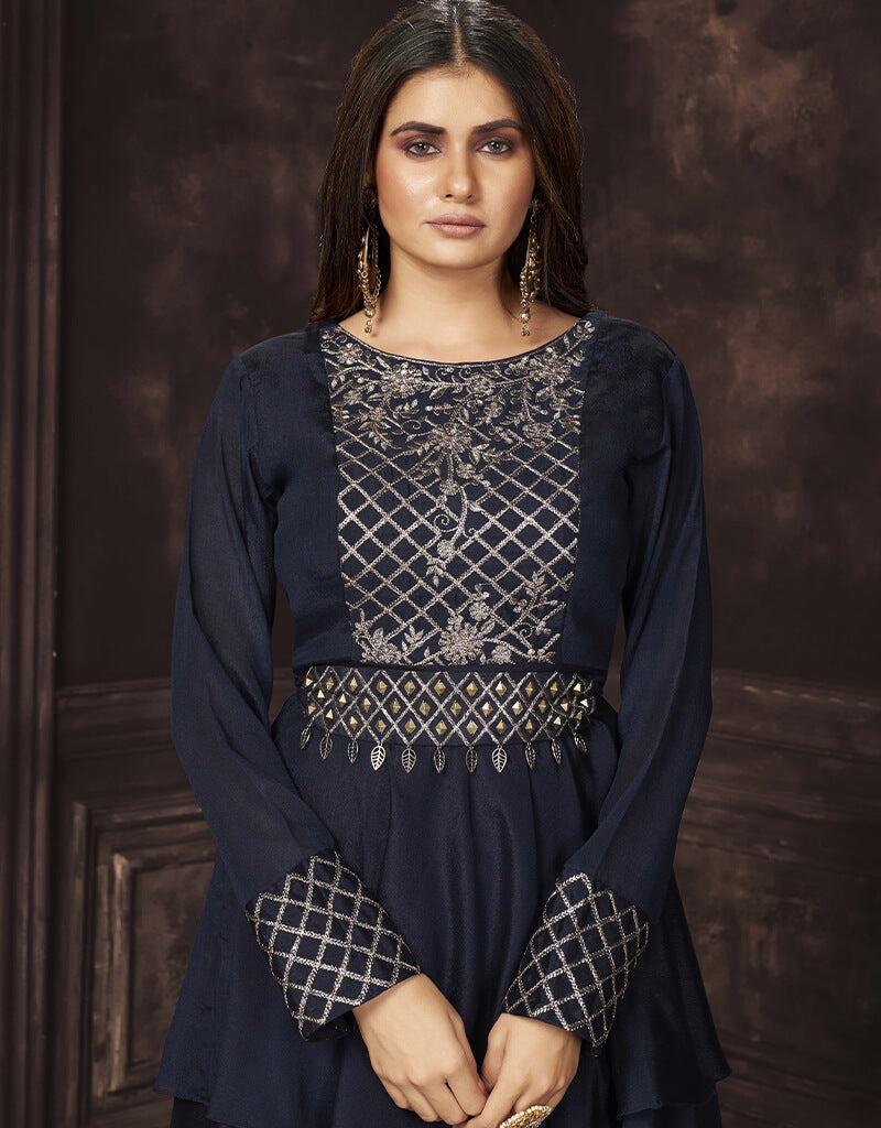 Elegant Blue Chinon Sharara Suit for Women | Pakistani Ethnic Party Wear | Perfect for Weddings, Festivals & Special Occasions