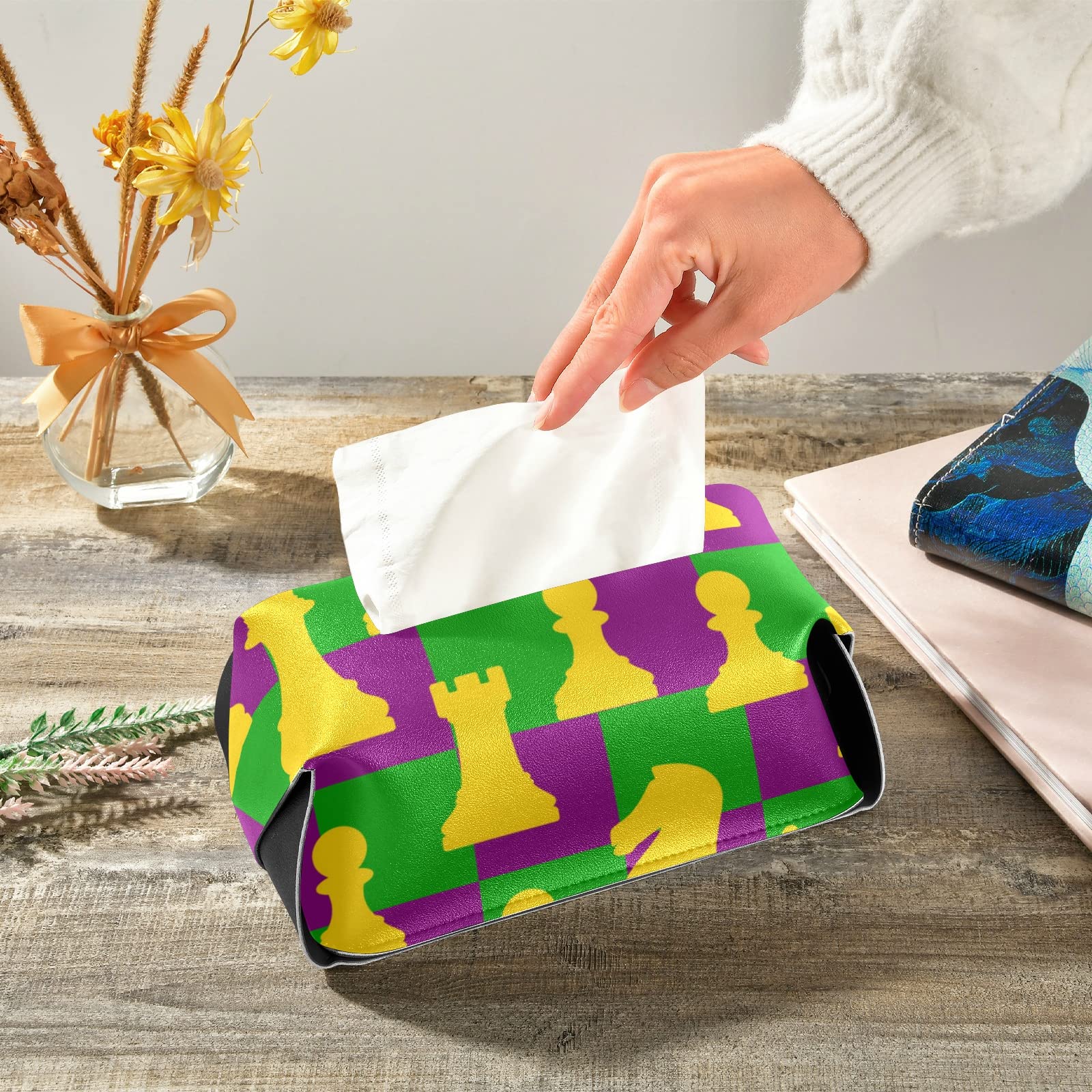 PU Leather Mardi Gras Chess Tissue Box Cover with Handle - Decorative Square Tissue Box Holder for Office, Bedroom, Bathroom | Perfect for Home Decor & Gift Giving