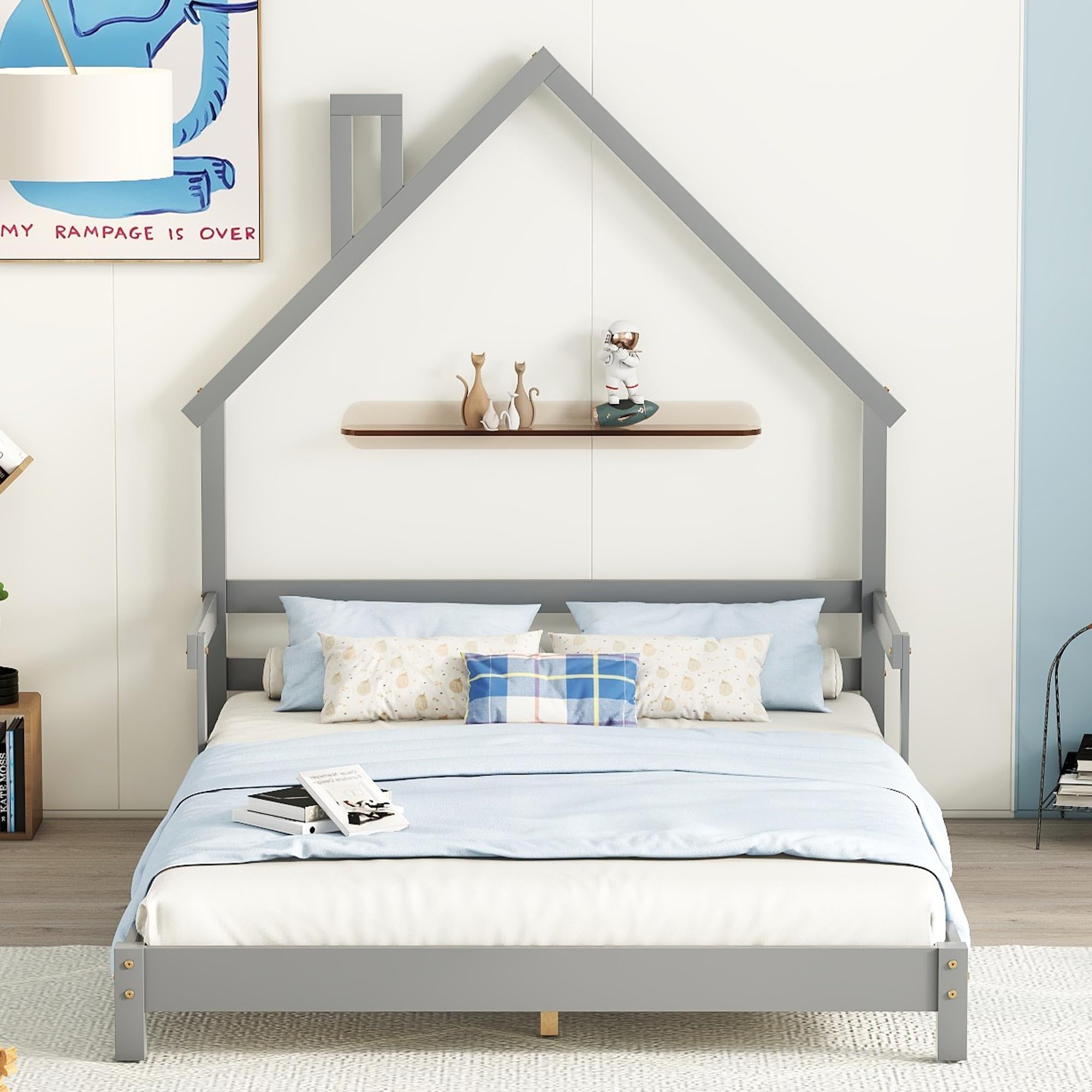 Bellemave Full Size Bed Frame for Kids - Low Platform Bed with House-Shaped Headboard & Safety Rails, Sturdy Wooden Frame No Box Spring Needed (Grey) | Perfect for Girls' Bedroom, Kids' Room Decor & Small Space Solutions