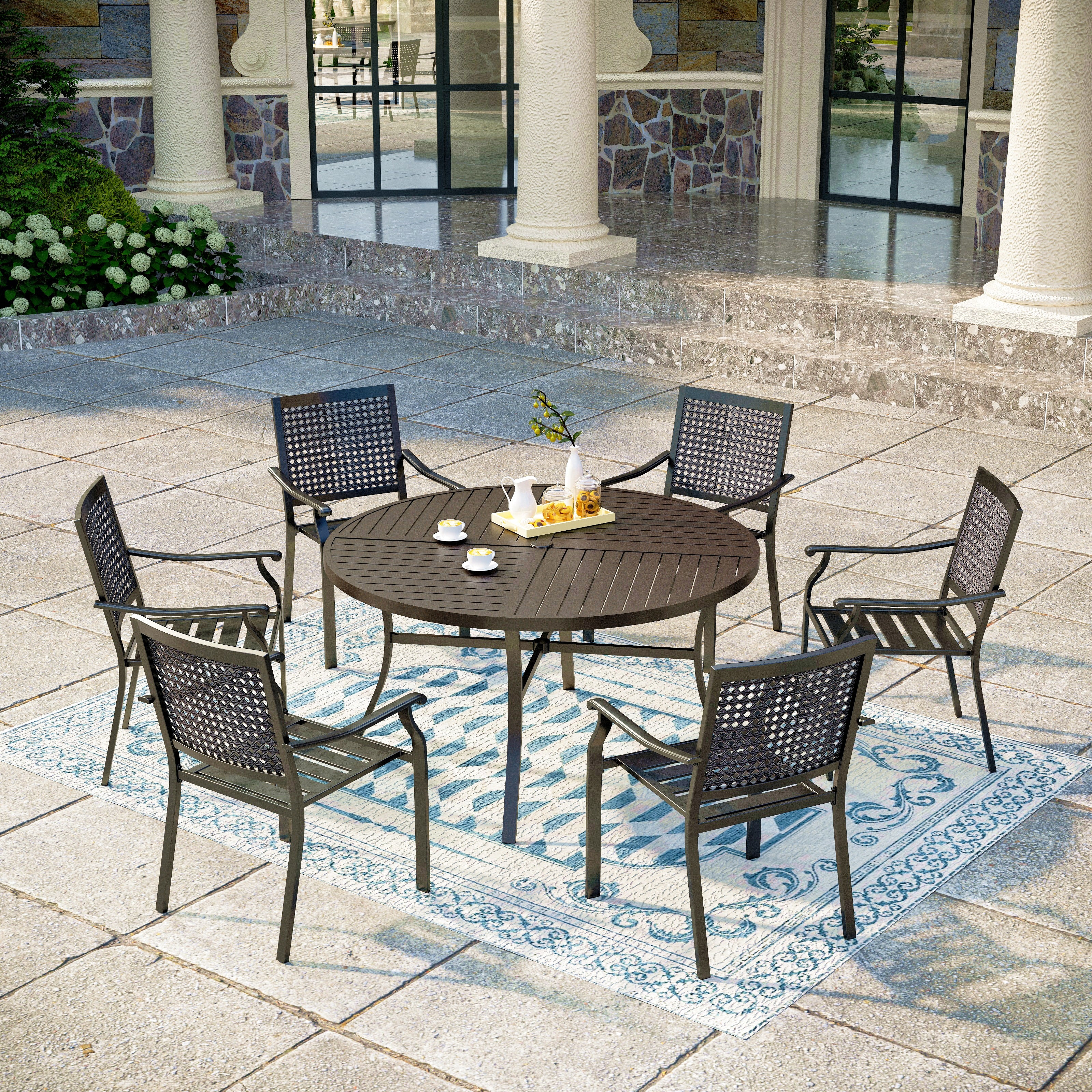 MFSTUDIO 7-Piece Outdoor Patio Dining Set with Round Table & Bullseye Pattern Steel Chairs - Perfect for Garden, Backyard, and Poolside Gatherings