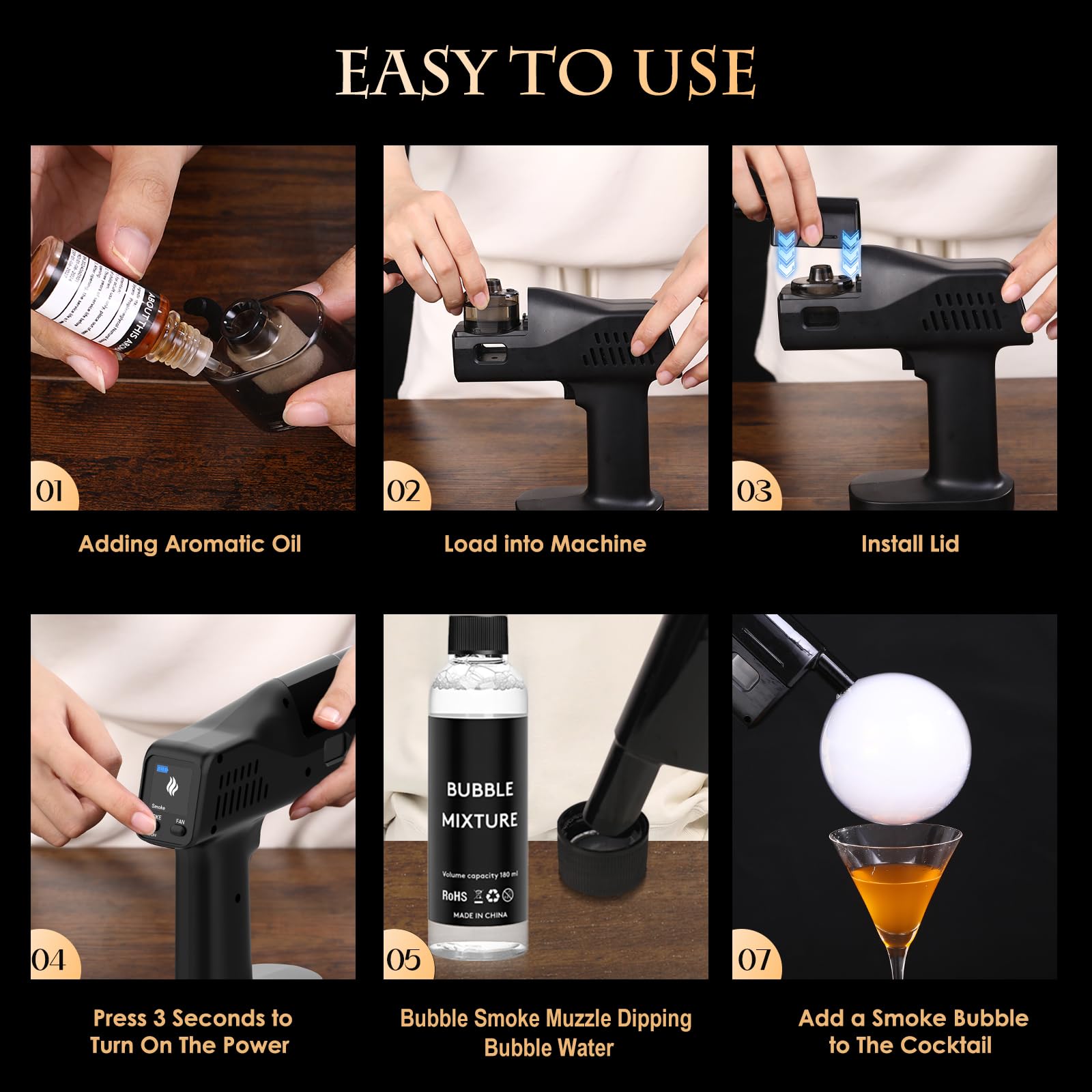 Electric Cocktail Smoking Bubble Gun with 3 Flavor Oils & Edible Bubbles - Whiskey, Bourbon, Vodka Drink Smoker Kit - Perfect Bartender Tool & Unique Gift for Dads - Enhance Cocktail Parties & Home Bar Experience