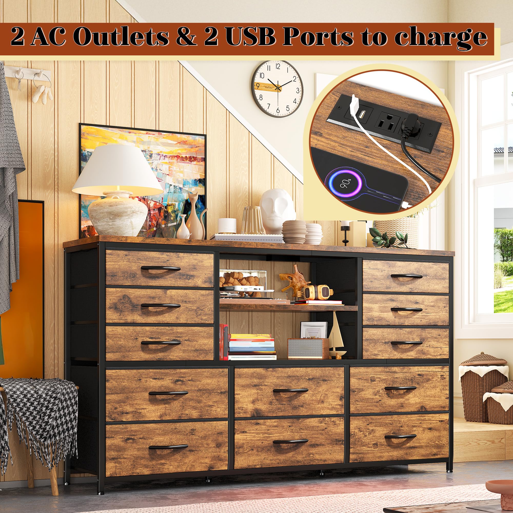 12-Drawer LED Dresser with Power Outlets - Rustic Brown TV Stand for 60-Inch TV, Sturdy Metal Frame Fabric Dresser for Bedroom, Living Room, Hallway & Closet Organization - Perfect for Modern Home Storage & Entertainment Setup
