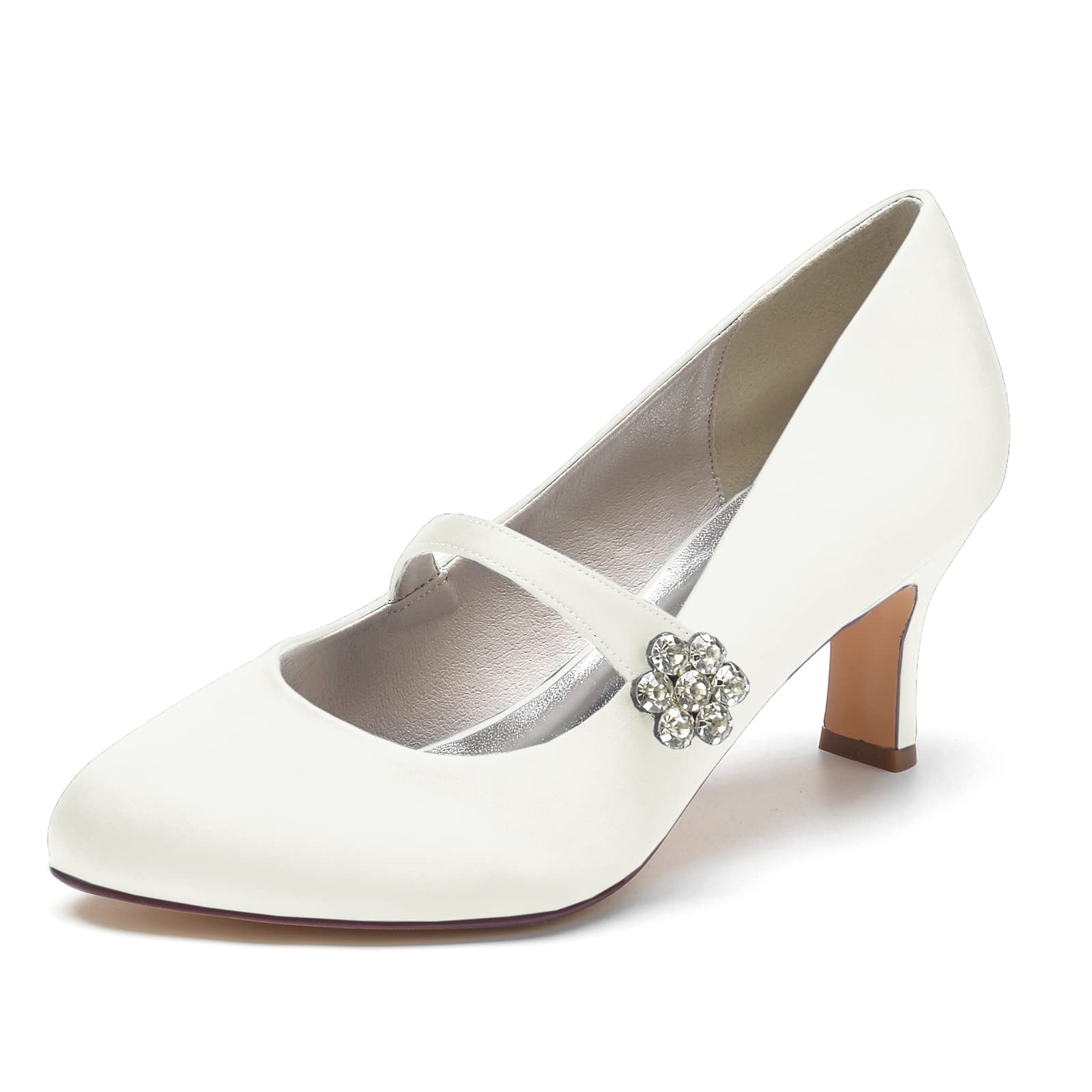 Elegant 6.5Cm Rhinestone Bridal Shoes for Women | Satin Mary Jane Wedding Pumps with Closed Toe & Kitten Heels | Perfect for Brides, Evening Prom, Formal Occasions & Special Events