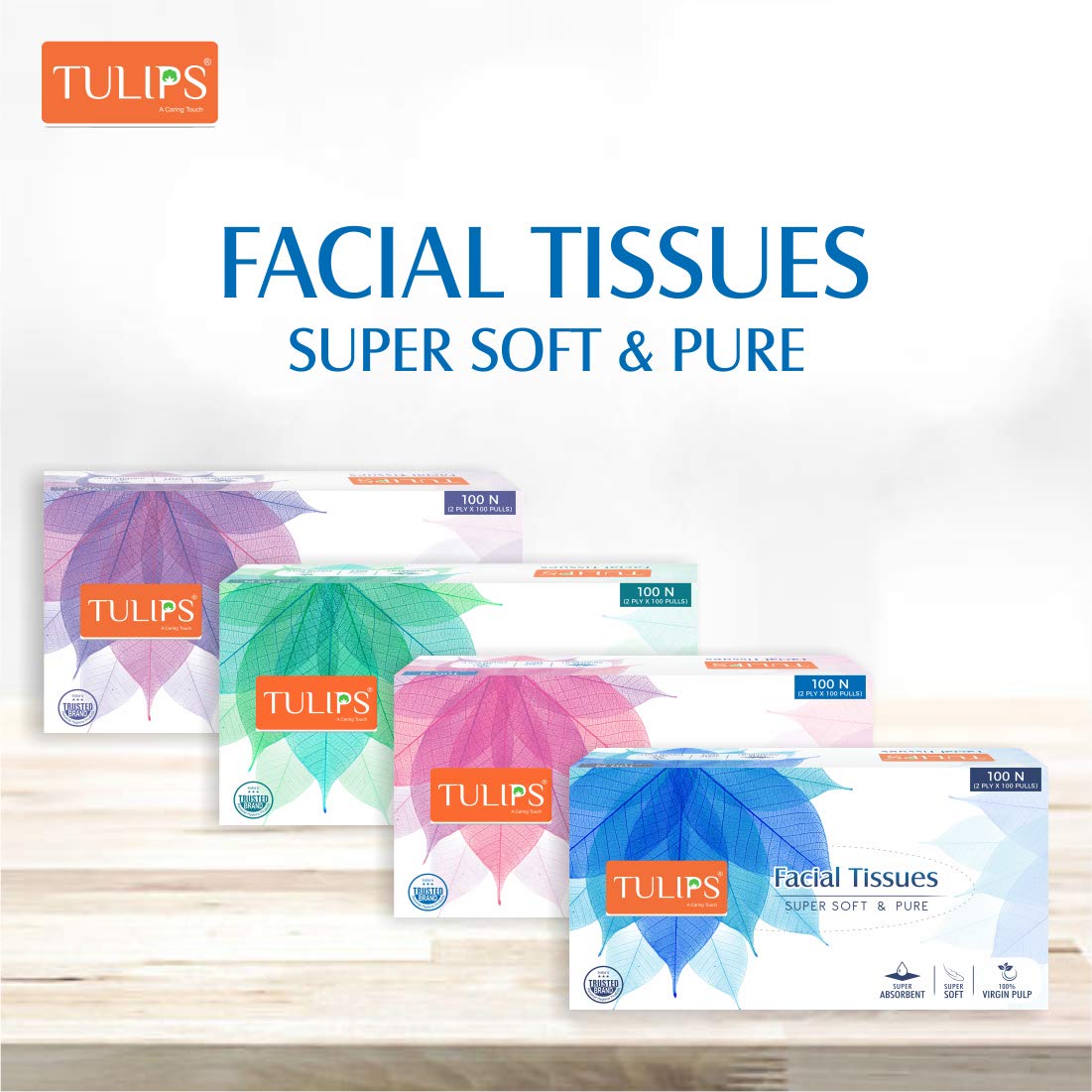 Premium 2-Ply Tulip Facial Tissues - Ultra Soft & Pure, 100 Sheets per Box (6-Pack) | Gentle for Skin, Perfect for Home, Office & Car Use