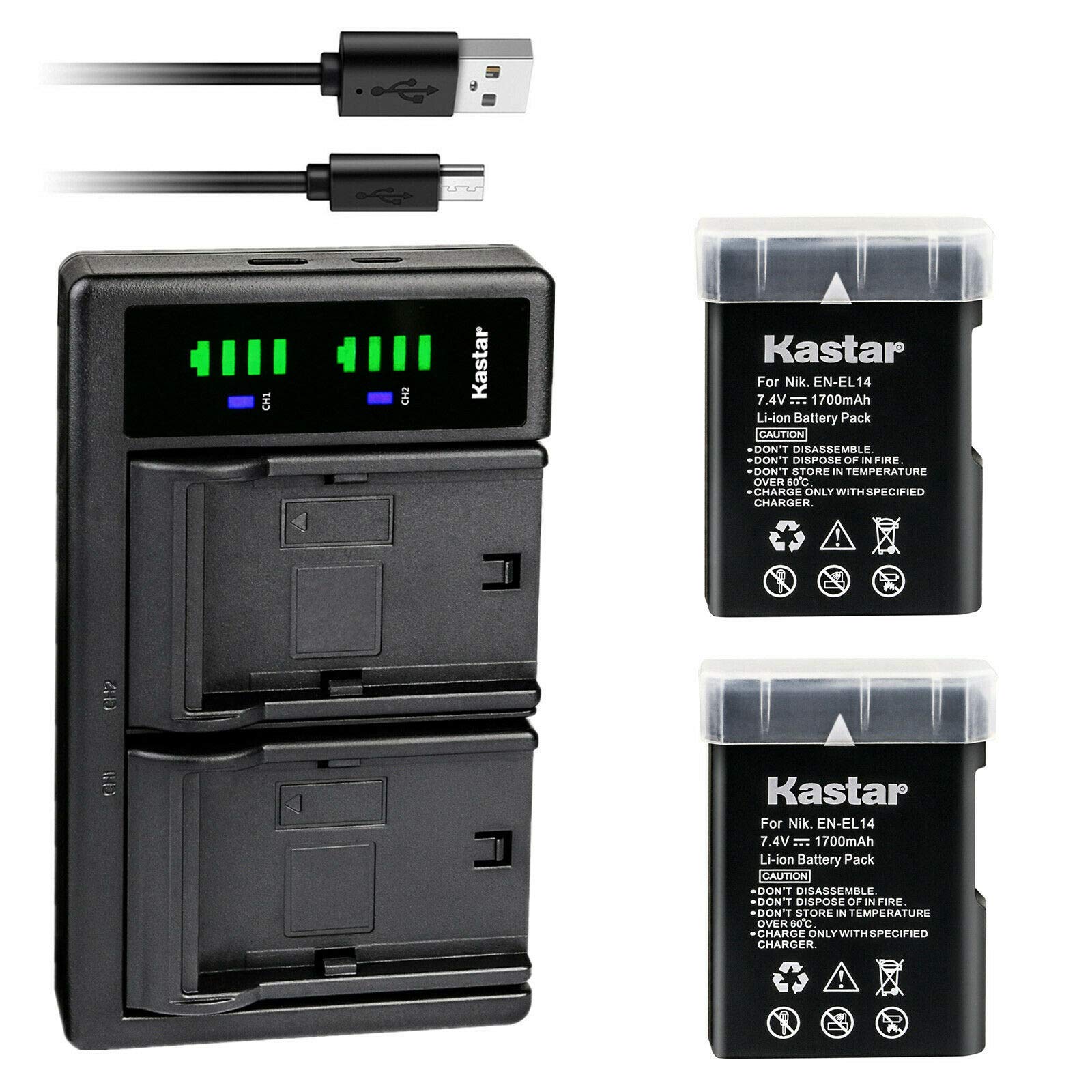 Kastar 2-Pack EN-EL14 Rechargeable Battery & USB Charger Compatible with Nikon D5500, D5600, Df DSLR & Coolpix P7000/P7100/P7700 Cameras - Perfect for Travel Photography & Extended Shooting Sessions