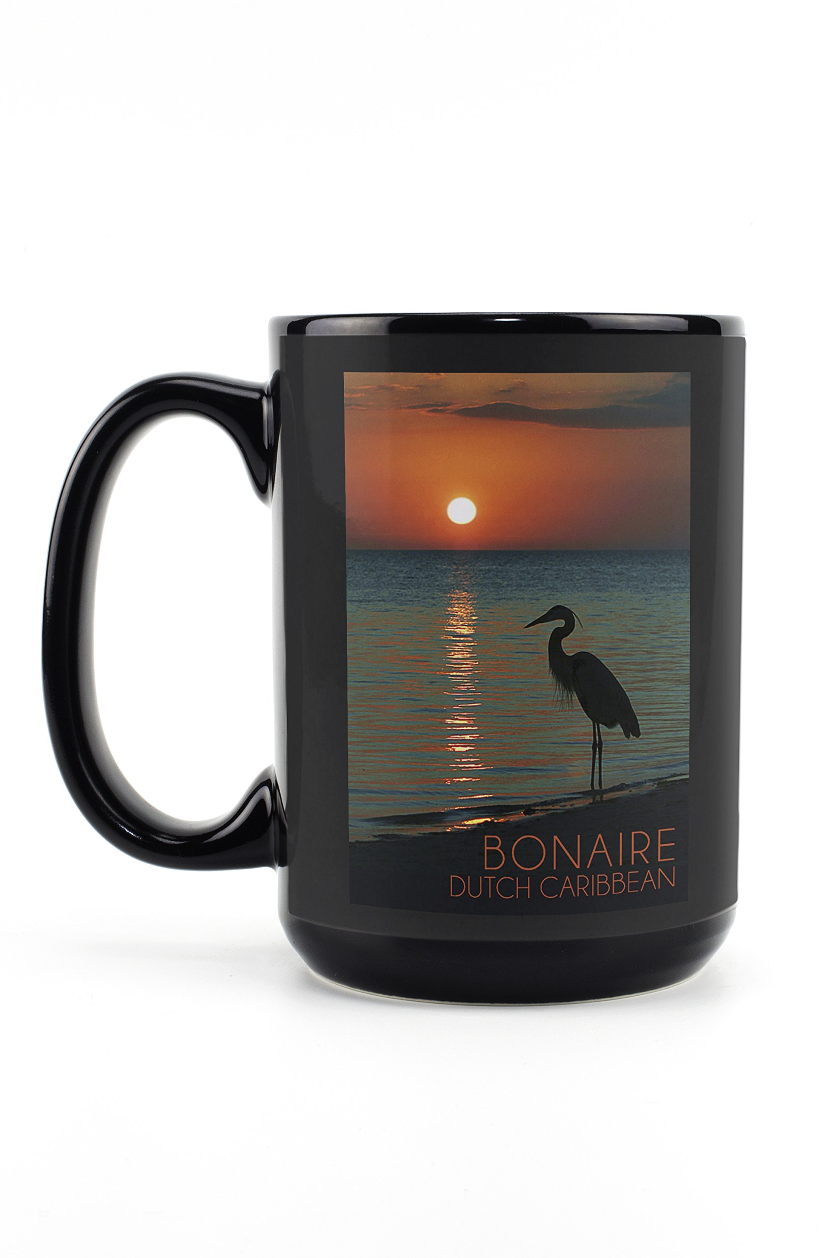 Bonaire Dutch Caribbean Heron Sunset 15oz Black Ceramic Coffee Mug - Microwave & Dishwasher Safe - Perfect for Tea, Coffee & Hot Drinks at Home or Office