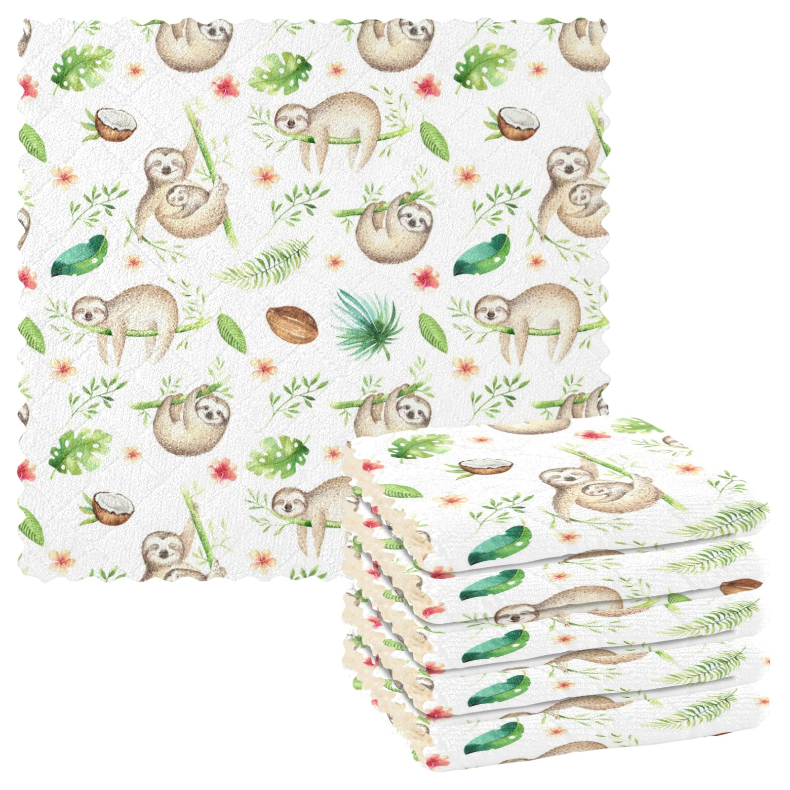 **Soft Baby Sloth Printed Reusable Dish Cloths Set of 6 - Super Absorbent Eco-Friendly Kitchen Towels for Drying Hands & Dishes - Perfect for Home, Camping & Gifts**