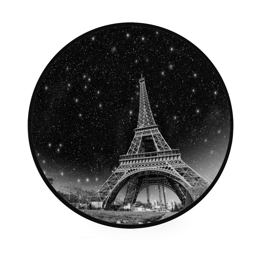 Starry Night Eiffel Tower Round Area Rug - 4' Diameter Non-Slip Polyester Floor Mat for Living Room, Bedroom, Kids Playroom & Yoga Space - Paris Themed Home Decor