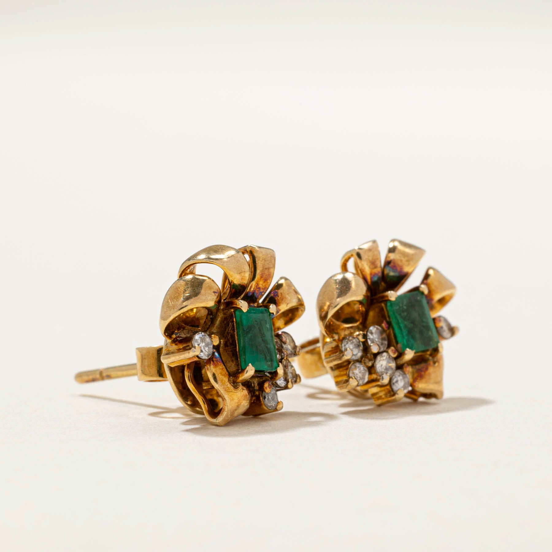 Emerald and Diamond Abstract Stud Earrings - 0.40ctw Total Weight with 0.22ctw Diamonds | Elegant Dainty Jewelry for Women | Perfect for Everyday Wear, Office, Date Night and Special Occasions