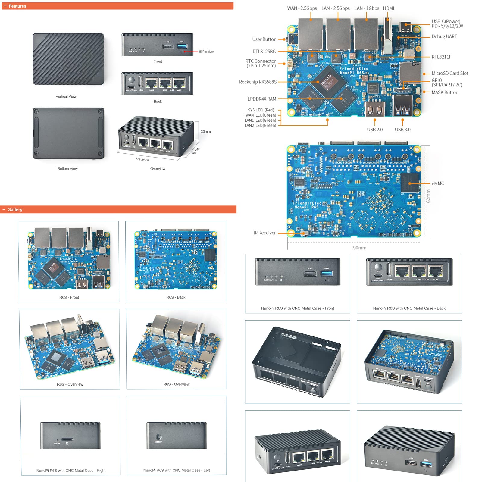 NanoPi R6S Mini Router with Metal Case - 8GB LPDDR4X, 32GB eMMC, RK3588S Development Board | 6TOPS NPU, Docker Support, 3 Ethernet Ports, USB 3.0, HDMI, M.2 NVMe Storage, PD Power | Ideal for Home Networking, IoT Development & Edge Computing