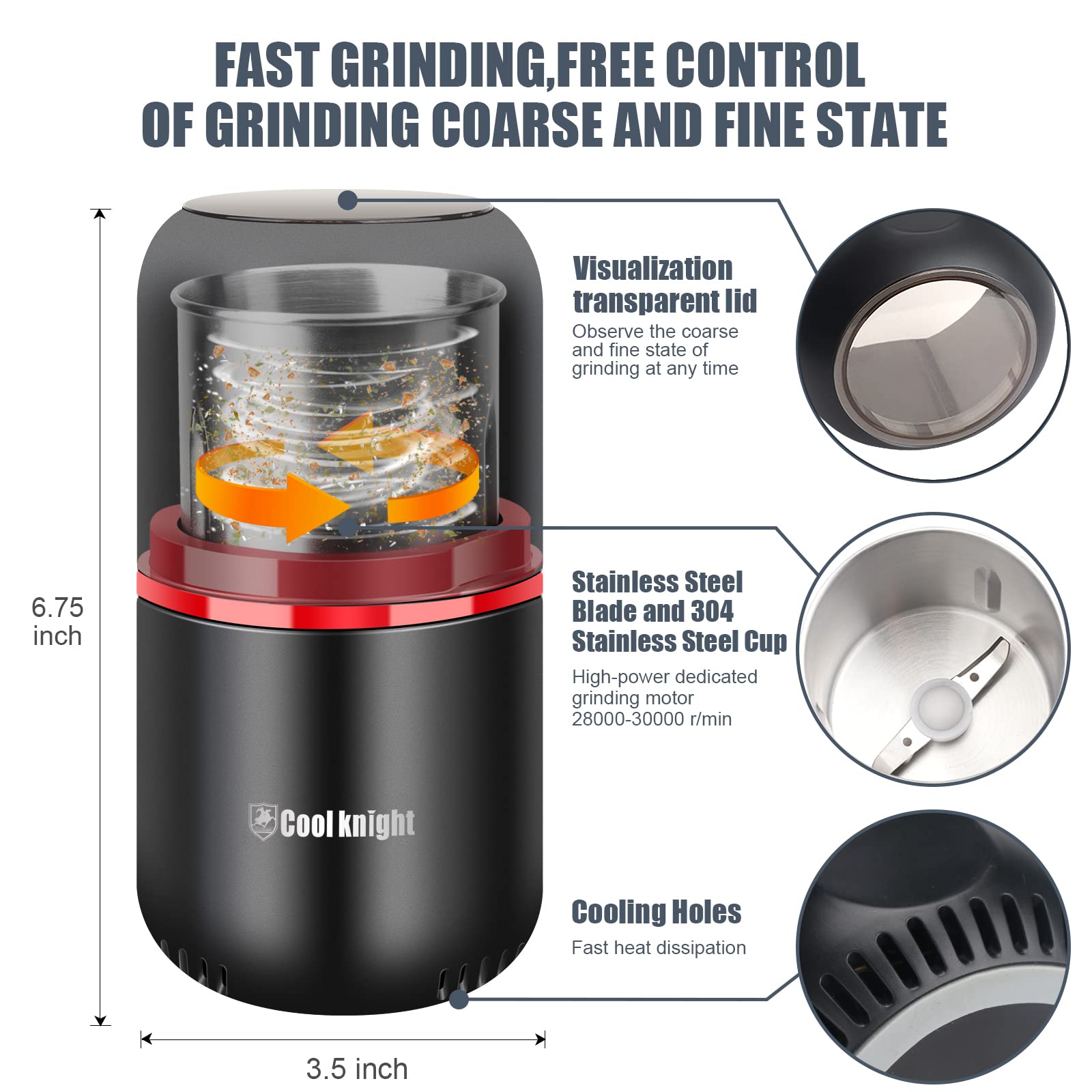 COOL KNIGHT Electric Herb Grinder - Large Capacity Fast Grinding for Spices, Herbs & Coffee with Pollen Catcher - 7.5 Inch Black - Perfect for Kitchen, Camping & Travel Use