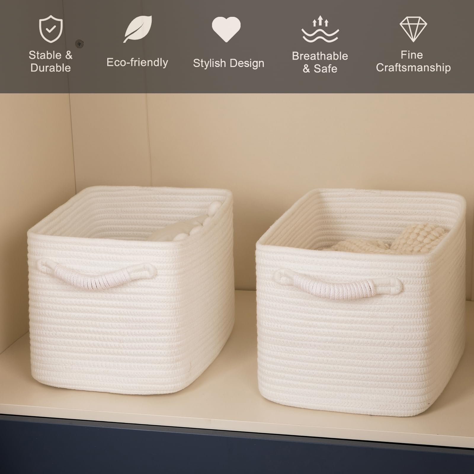 OIAHOMY Woven Storage Basket with Handles - White Decorative Toy & Nursery Basket for Shelves, Living Room, Bedroom - Perfect for Organizing Toys, Blankets & Home Decor (Pack of 1)