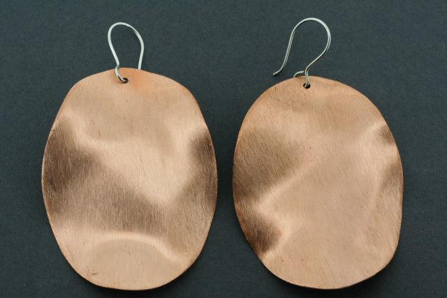 Brushed Copper Oval Curved Disc Earrings - Large Boho Hoop Earrings for Women, Trendy Statement Jewelry for Party, Wedding & Everyday Wear