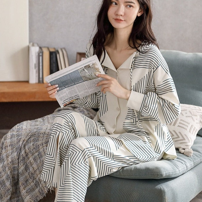 Bohemian Stripes Print Women's Pajama Set - Soft Cotton V-Neck Sleepwear for Autumn & Winter - Cozy Nightwear for Home, Lounge & Sleep
