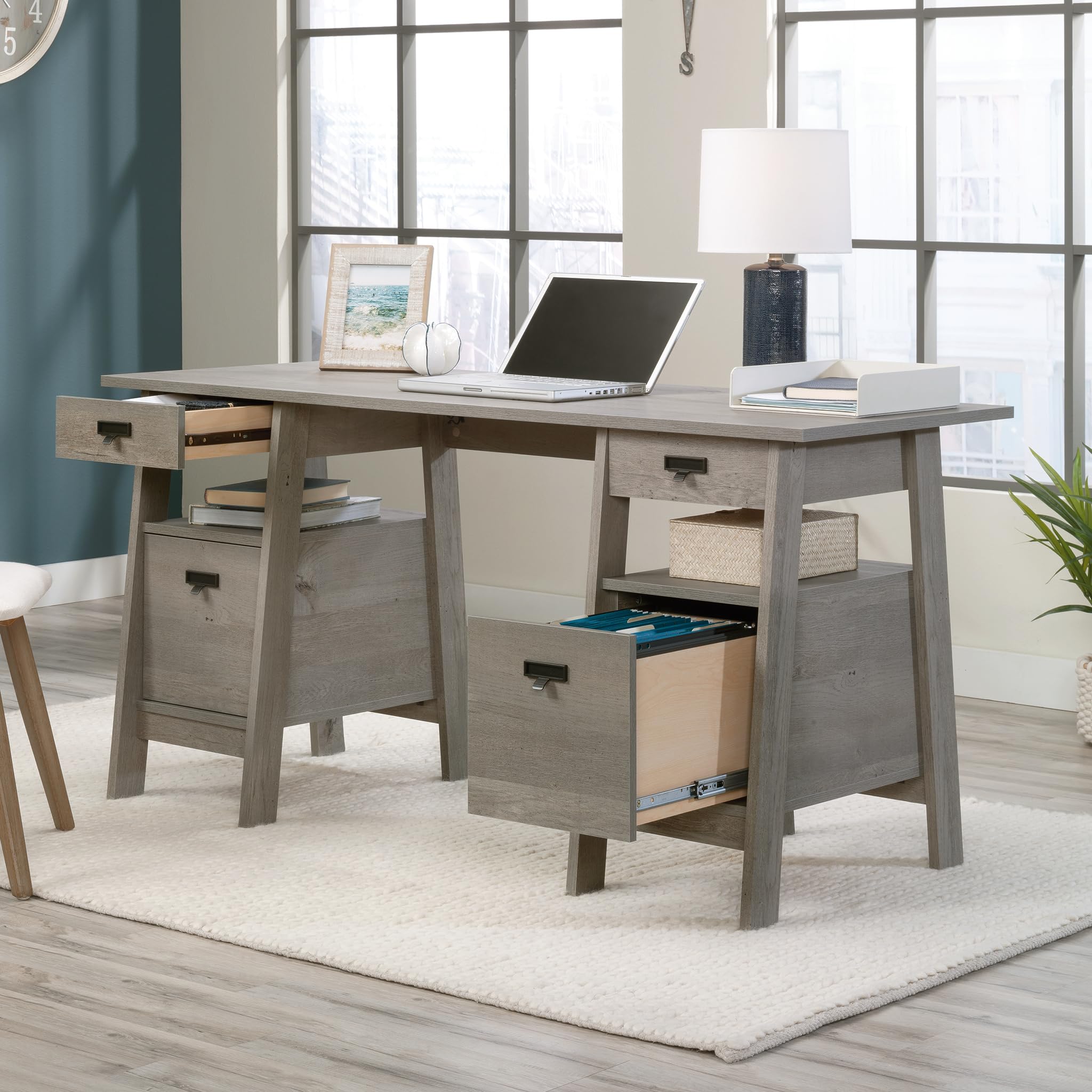 Sauder Trestle Office Desk with Drawers - Executive Writing Desk with File Cabinet Storage, Shelves & Cable Management in Mystic Oak Finish - Perfect for Home Office, Study Room & Workspace Organization