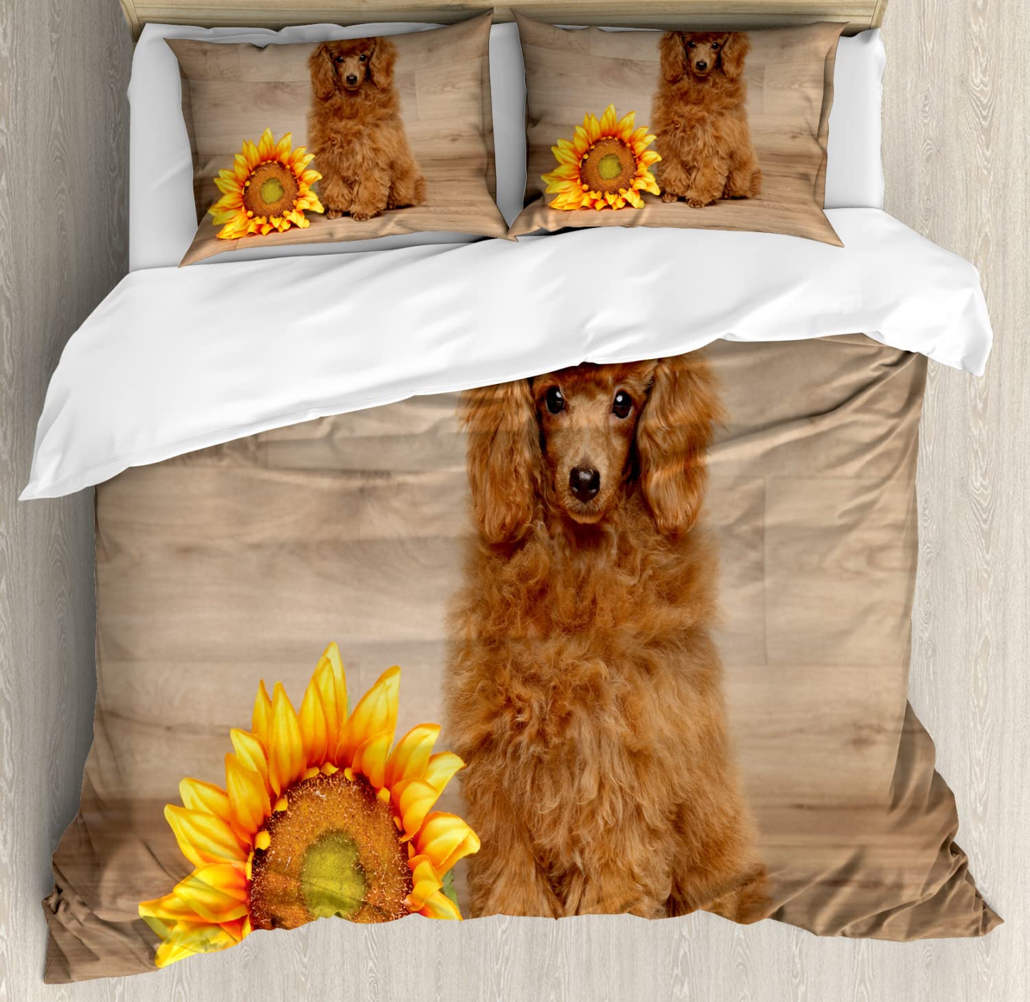 Ambesonne Poodle Duvet Cover Set - King Size 2-Piece Set with Sunflower & Dog Design on Wooden Background, Includes 2 Duvet Covers & 4 Pillowcases in Pale Brown Marigold - Perfect for Dog Lovers' Bedroom Decor & Cozy Home Styling