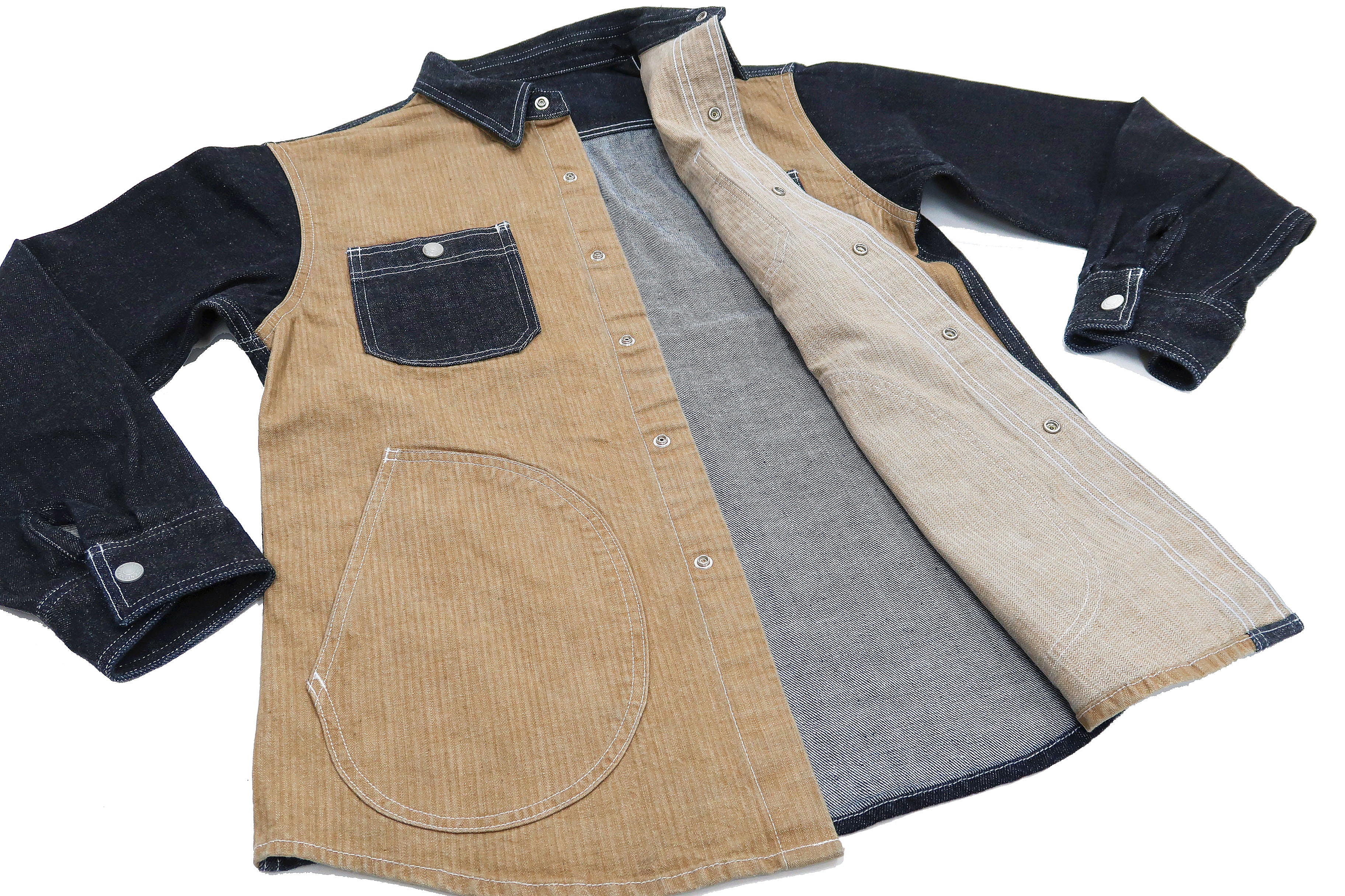 Kojima Genes Mixed Panel Men's Denim & Herringbone Long Sleeve Button Up Shirt - Two Tone Casual Wear for Street Style & Office Outfits (RNB282S, Beige)