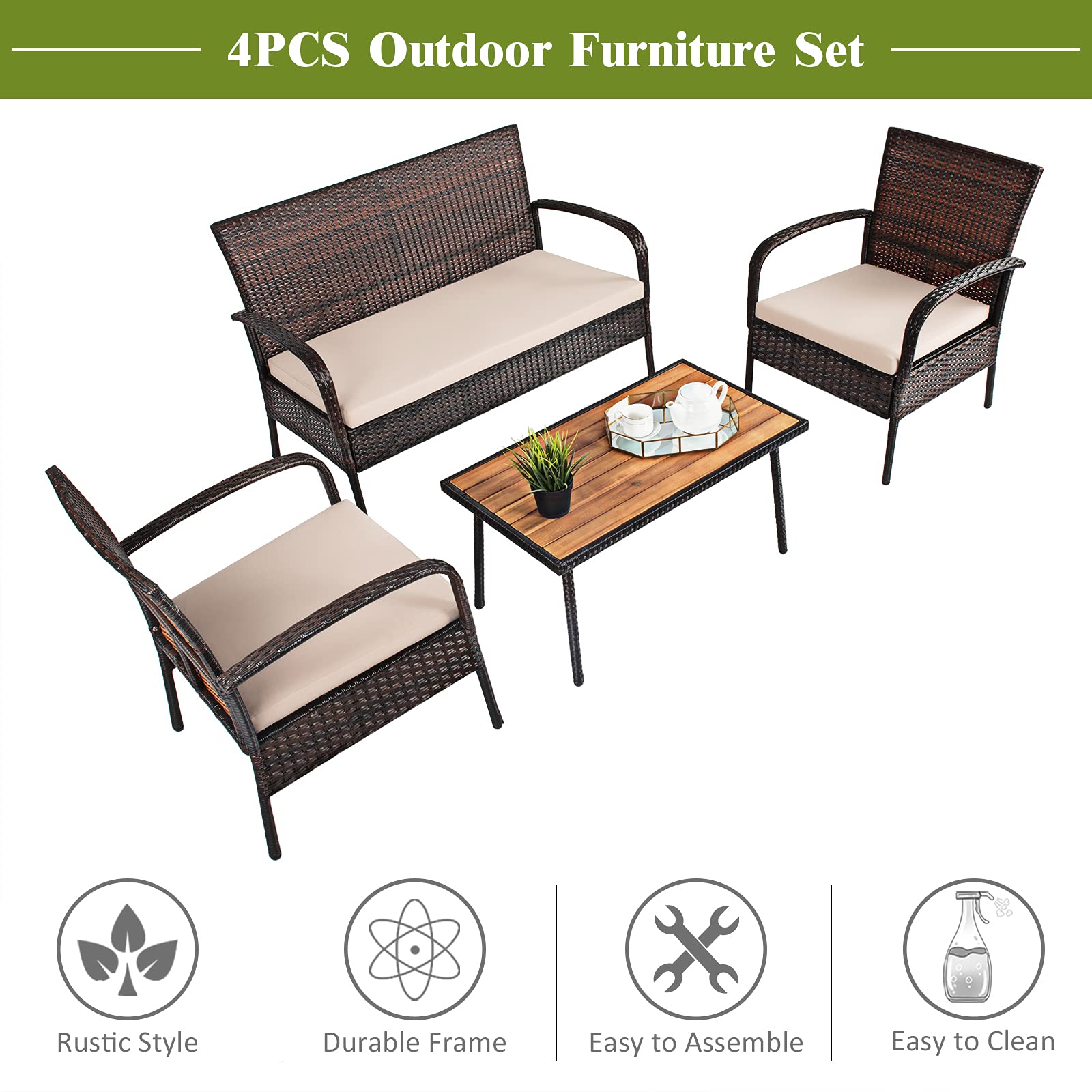 4-Piece Brown Wicker Outdoor Patio Conversation Set with Washable Cushions - Rattan Sofa & Chairs for Garden, Backyard, Poolside Relaxation