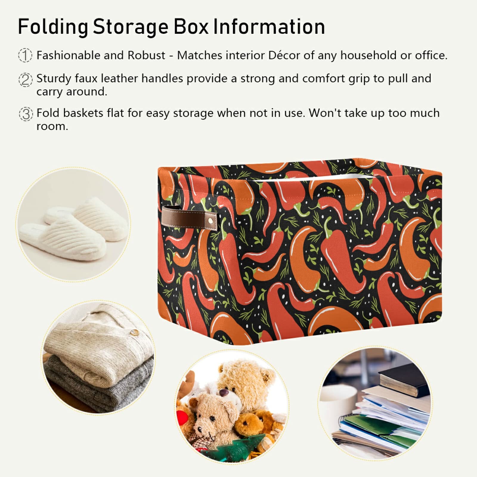 Susiyo Large Foldable Storage Bin - Collapsible Fabric Basket with PU Handles for Home Organization (Chili Mexican Pepper Design) - Perfect for Shelves, Closet, Bedroom & Living Room Storage - 1 Pack