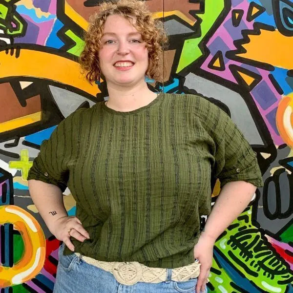 Olive Green Gauzy Striped Safari Top for Women - Stylish & Breathable Shirt for Outdoor Adventures, Travel & Casual Wear