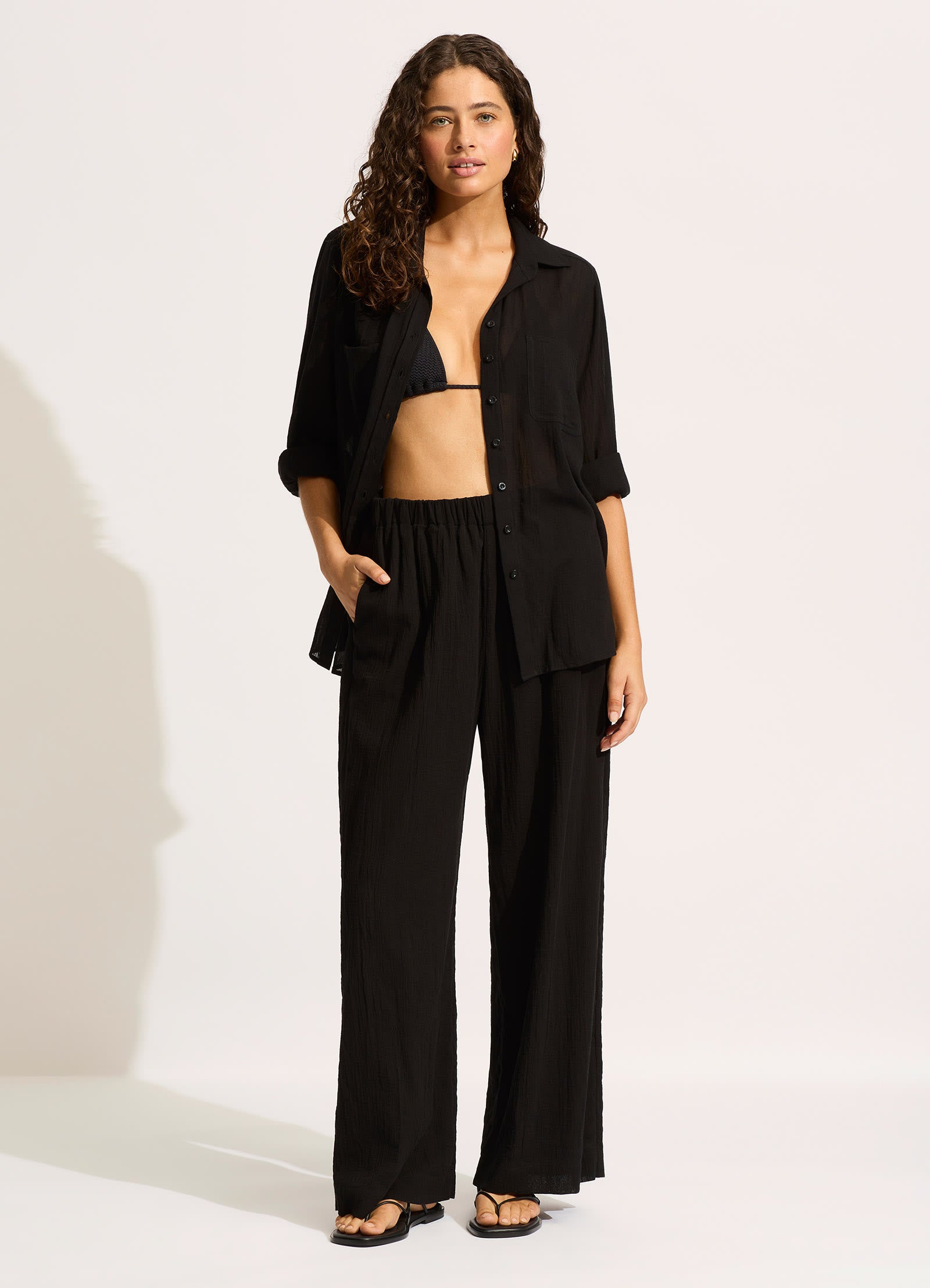 Crinkle Beach Pants for Women - Soft & Comfortable Black Casual Pants for Summer, Travel, and Relaxation