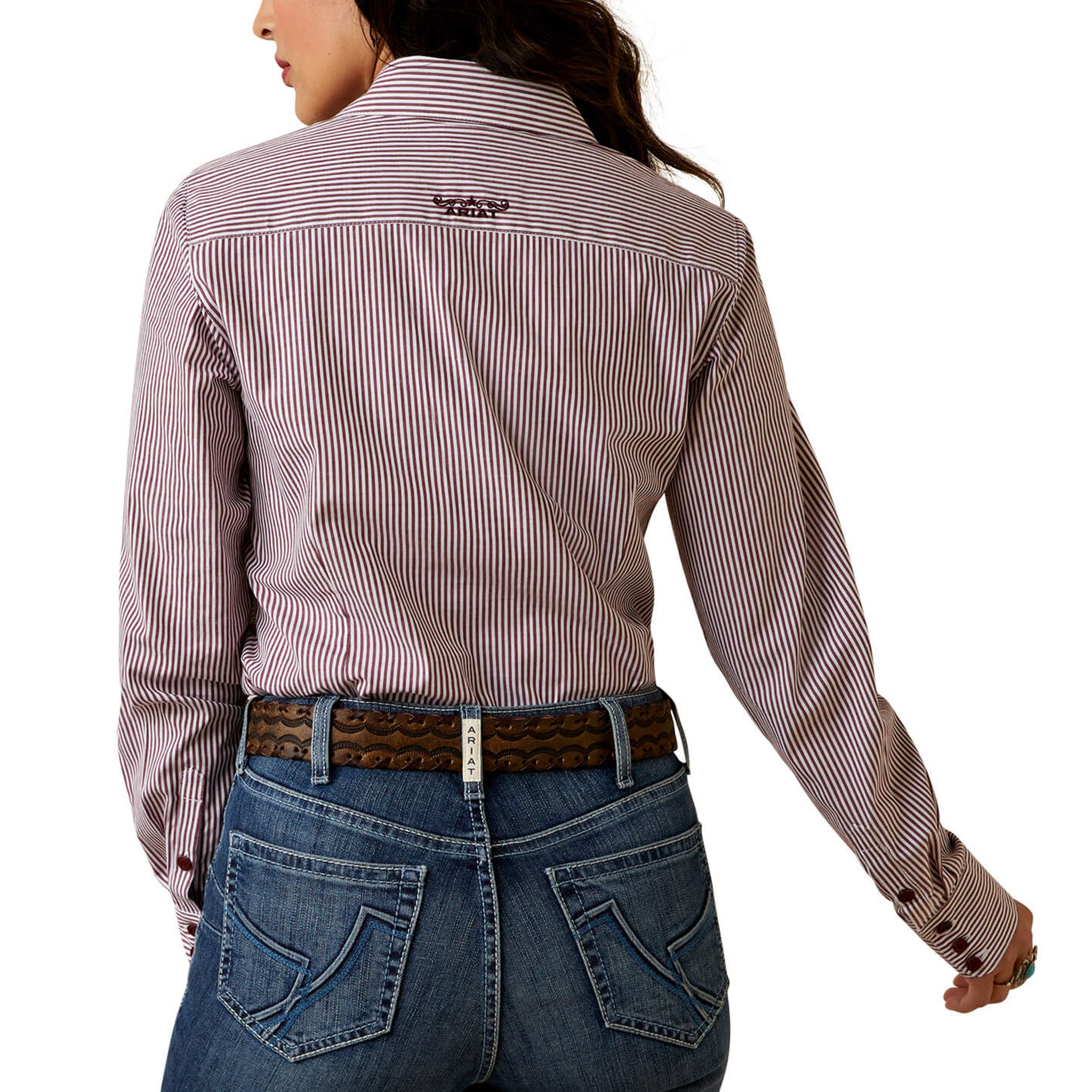 Ariat Women's Long Sleeve Burgundy & White Striped Western Shirt - Perfect for Rodeo, Horse Riding & Country Fashion