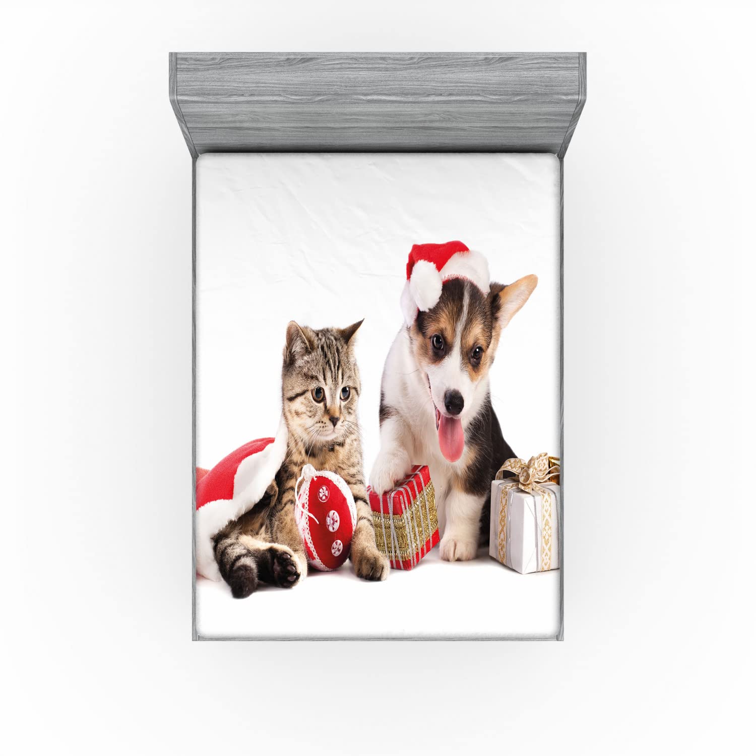 Ambesonne Christmas Fitted Sheets 2-Pack - Dog Cat Holiday Design for Cozy Bedding