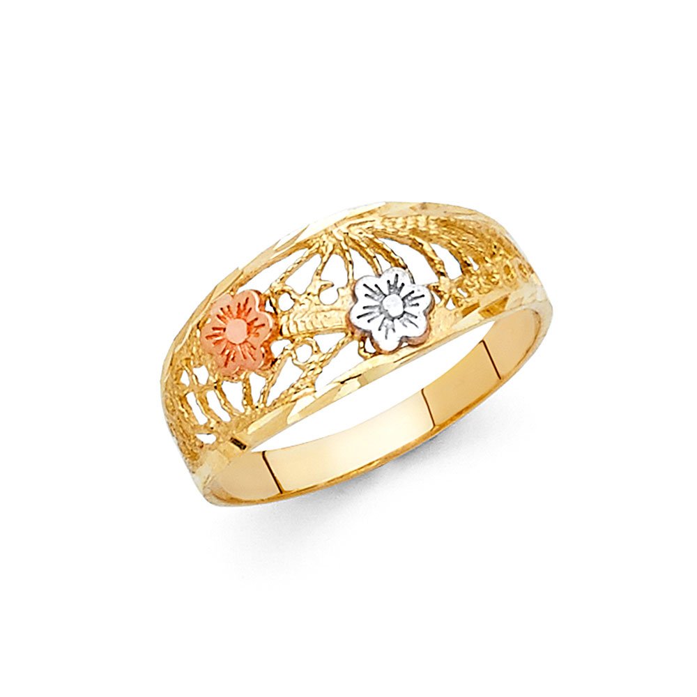 14K Yellow, White & Rose Gold Three-Tone Flower Ring for Women - Elegant Anniversary Gift, Wedding Band, Birthday Jewelry - Perfect for Romantic Occasions & Special Celebrations