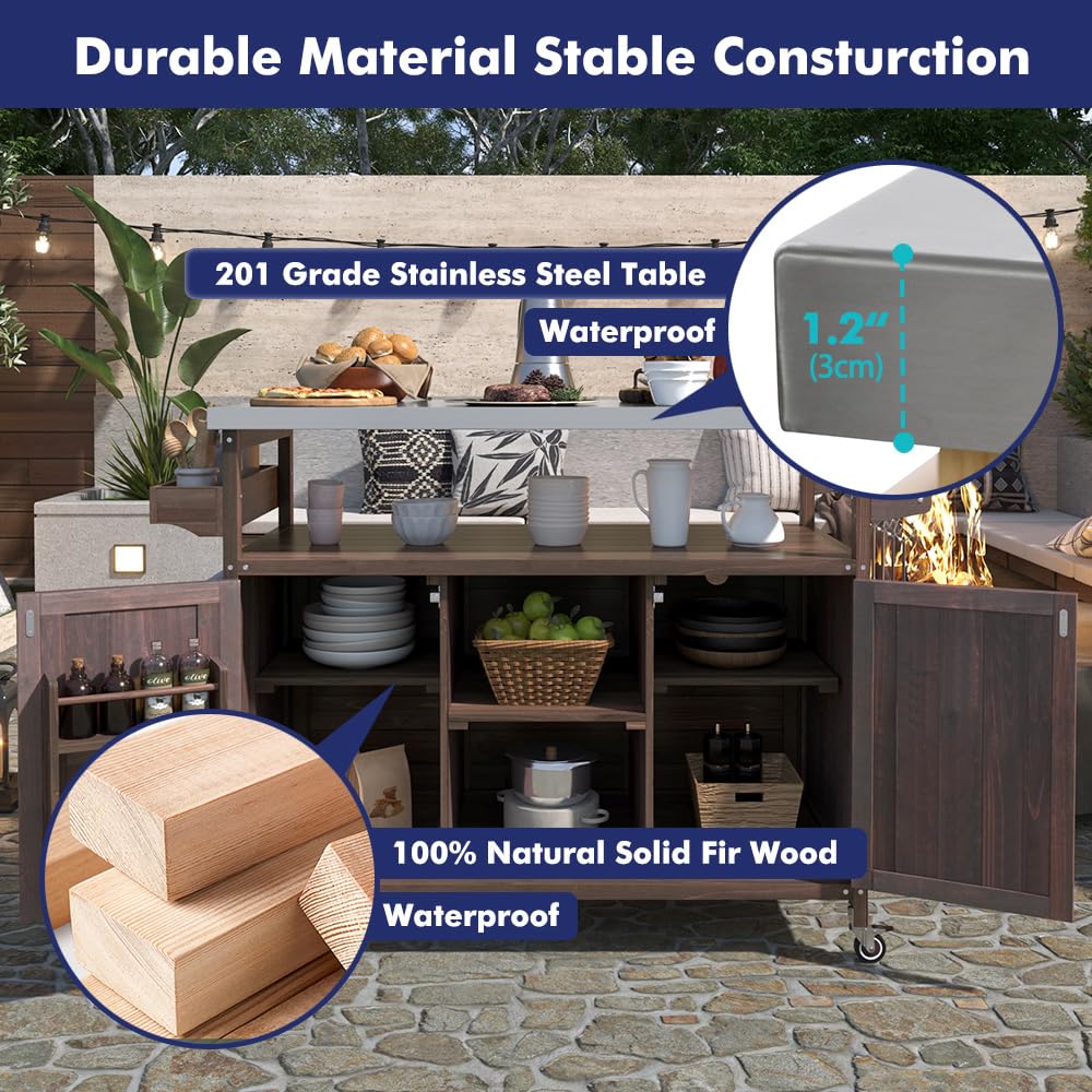 Outdoor Rolling Kitchen Island on Wheels with Storage Cabinet - Solid Wood Mobile Kitchen Cart with Stainless Steel Top - Farmhouse Style Grill Cart for Patio, BBQ & Outdoor Cooking (Dark Brown)