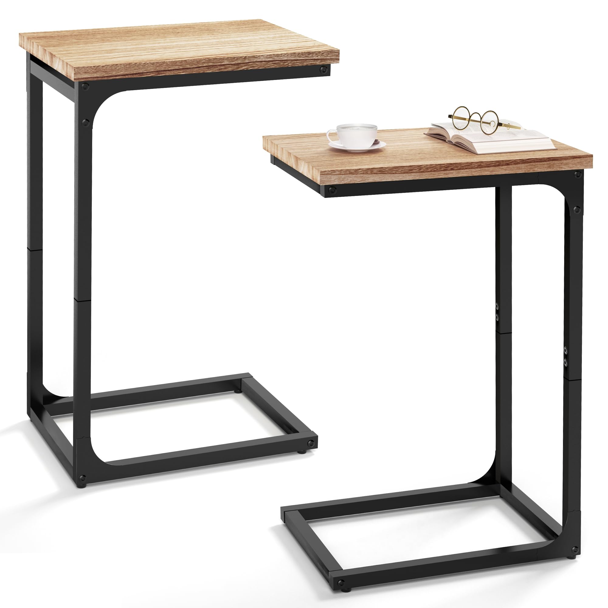 Rustic Brown C-Shaped End Table Set of 2 - Narrow Sofa Side Table for Living Room, Bedroom & Small Spaces - Perfect as TV Tray, Couch Table or Nightstand