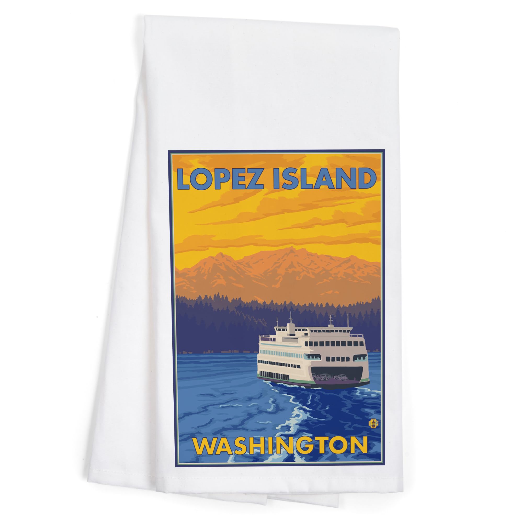 Lantern Press Ferry and Mountains Lopez Island Washington - 100% Cotton Tea Towel | Decorative Hand Towel for Kitchen & Home Decor | Perfect for Dish Drying, Gift Giving & Farmhouse Style Kitchens