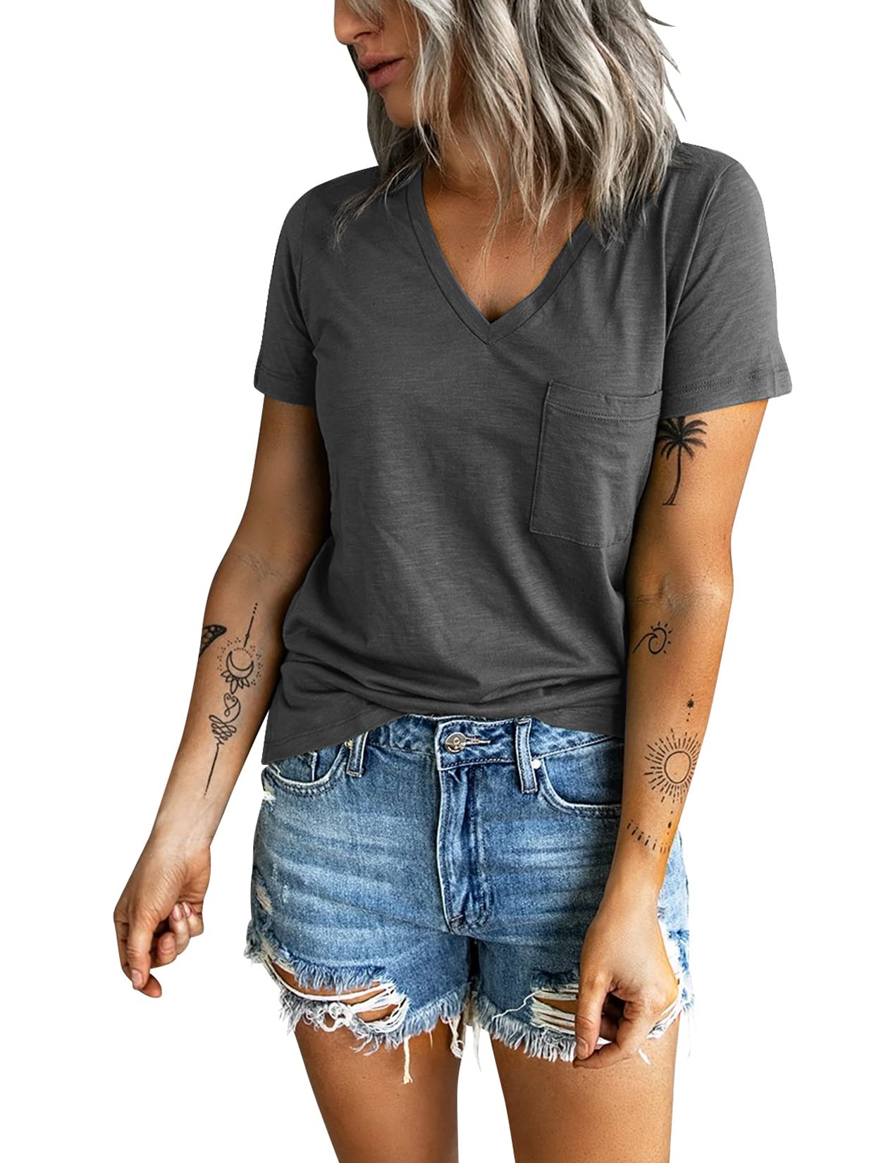 Sunborui Women's Summer Short Sleeve V-Neck T-Shirt with Pocket - Soft Casual Loose Fit Tee for Everyday Wear, Outings & Vacation