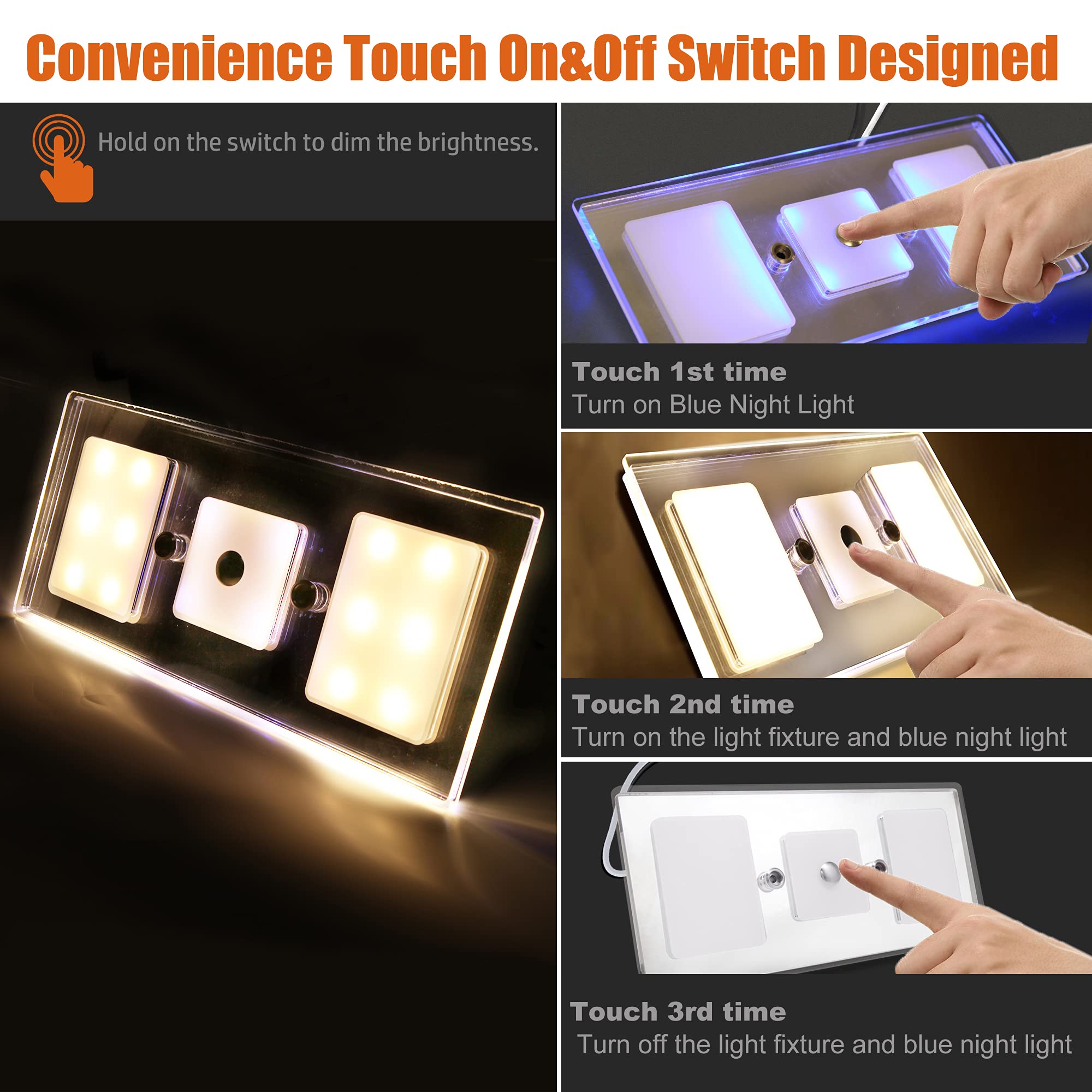 12V RV Ceiling Light Fixture with Touch Dimmable Switch & Blue LED - Luxury Crystal Acrylic Lens Flush Mount for Motorhome, Trailer, Camper - Perfect for Bedroom, Kitchen & Bathroom Lighting