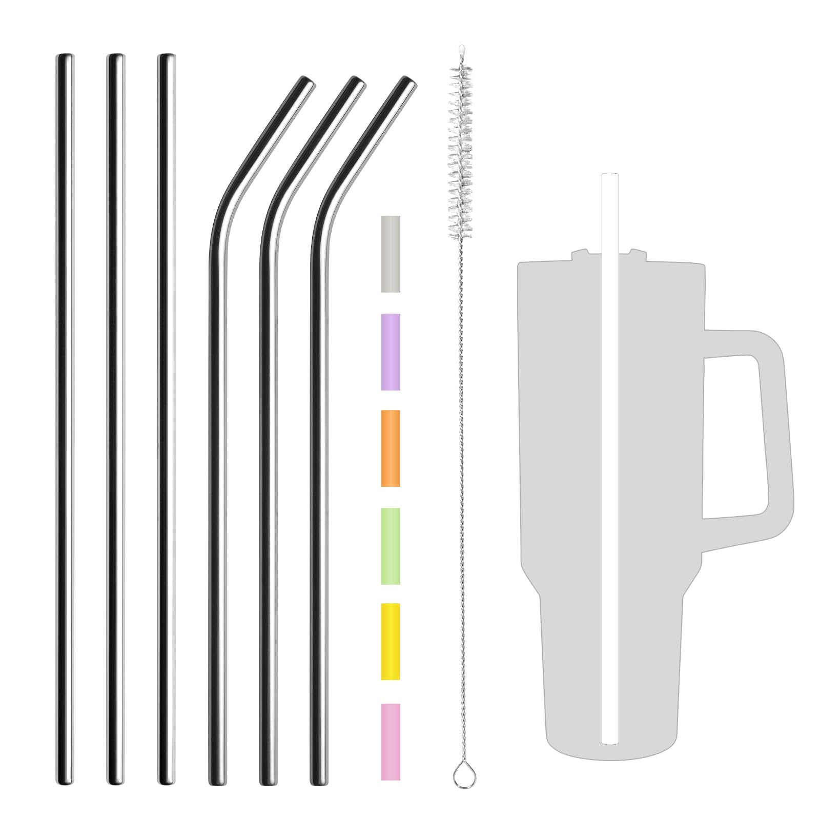 Stanley Cup Straws 6-Pack - Reusable Stainless Steel with Silicone Tips & Brush - Fits 40oz Tumblers for Outdoor & Office Use
