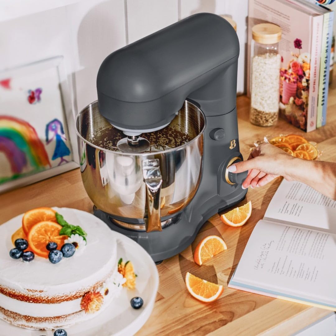 **Drew Barrymore 5.3 Qt Stand Mixer - Lightweight, 300W Powerful Tilt-Head Mixer with 12 Speed Settings, Oyster Gray - Perfect for Baking Cakes, Cookies & Dough**