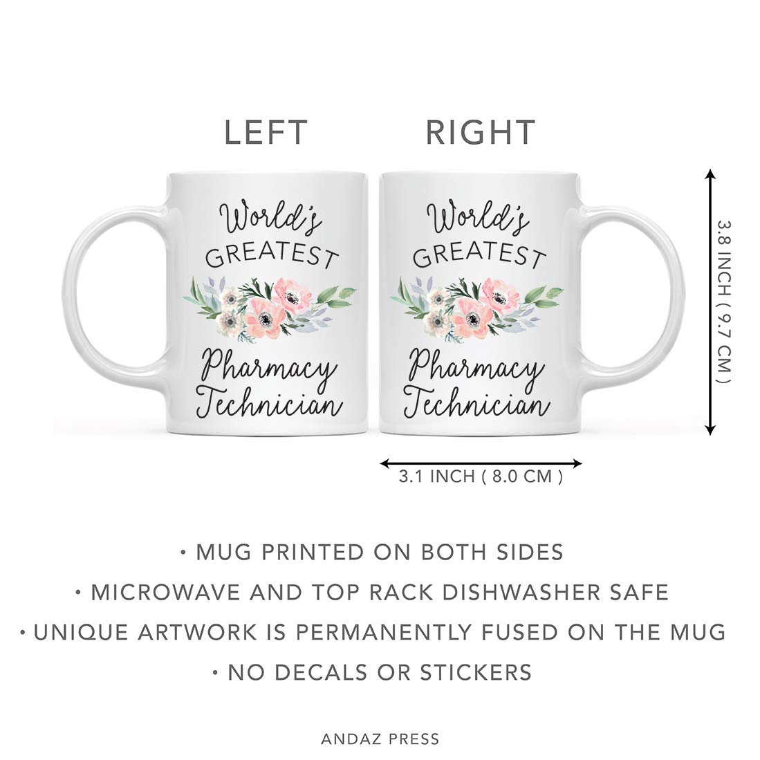 **Andaz Press 11oz Coffee Mug - Floral Bohemian Pink Anemone Design - Perfect Gift for Pharmacy Technicians, Women - Ideal for Coffee, Tea, Hot Drinks - Great for Birthdays, Christmas, Graduation (1-Pack)**