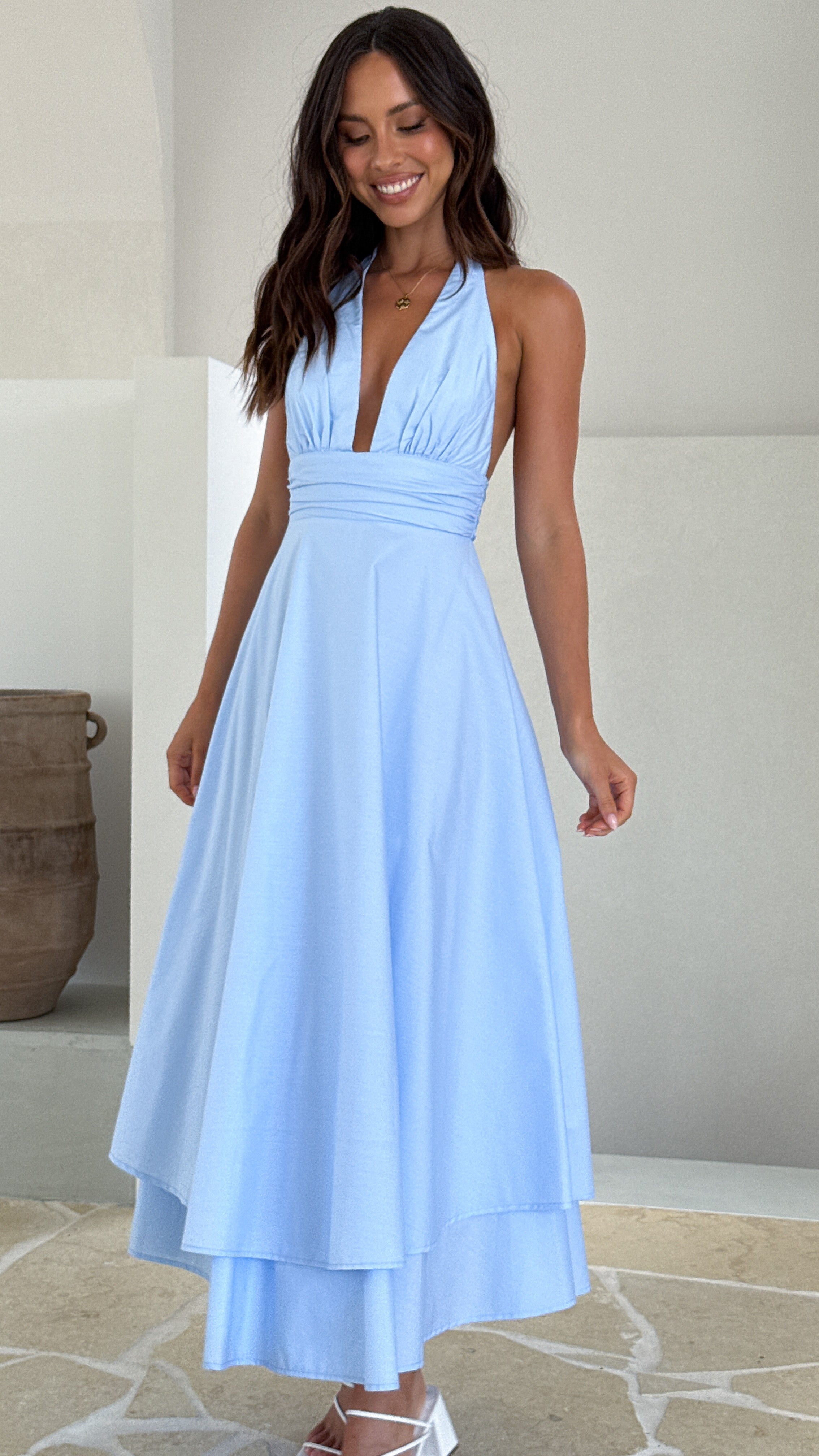 Elegant Kathy Halter Neck Maxi Dress - Light Blue Flowy Summer Dress for Beach, Wedding & Vacation | Women's Fashion