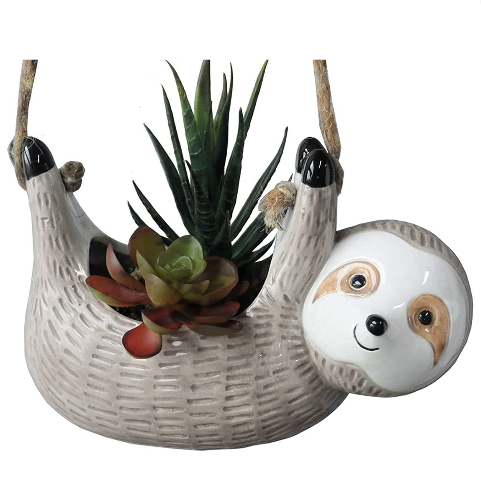 SilverFever Sloth Hanging Planter - Ceramic Succulent & Flower Pot for Indoor/Outdoor Plants - Grey Large Animal Planter for Home Decor, Garden & Patio